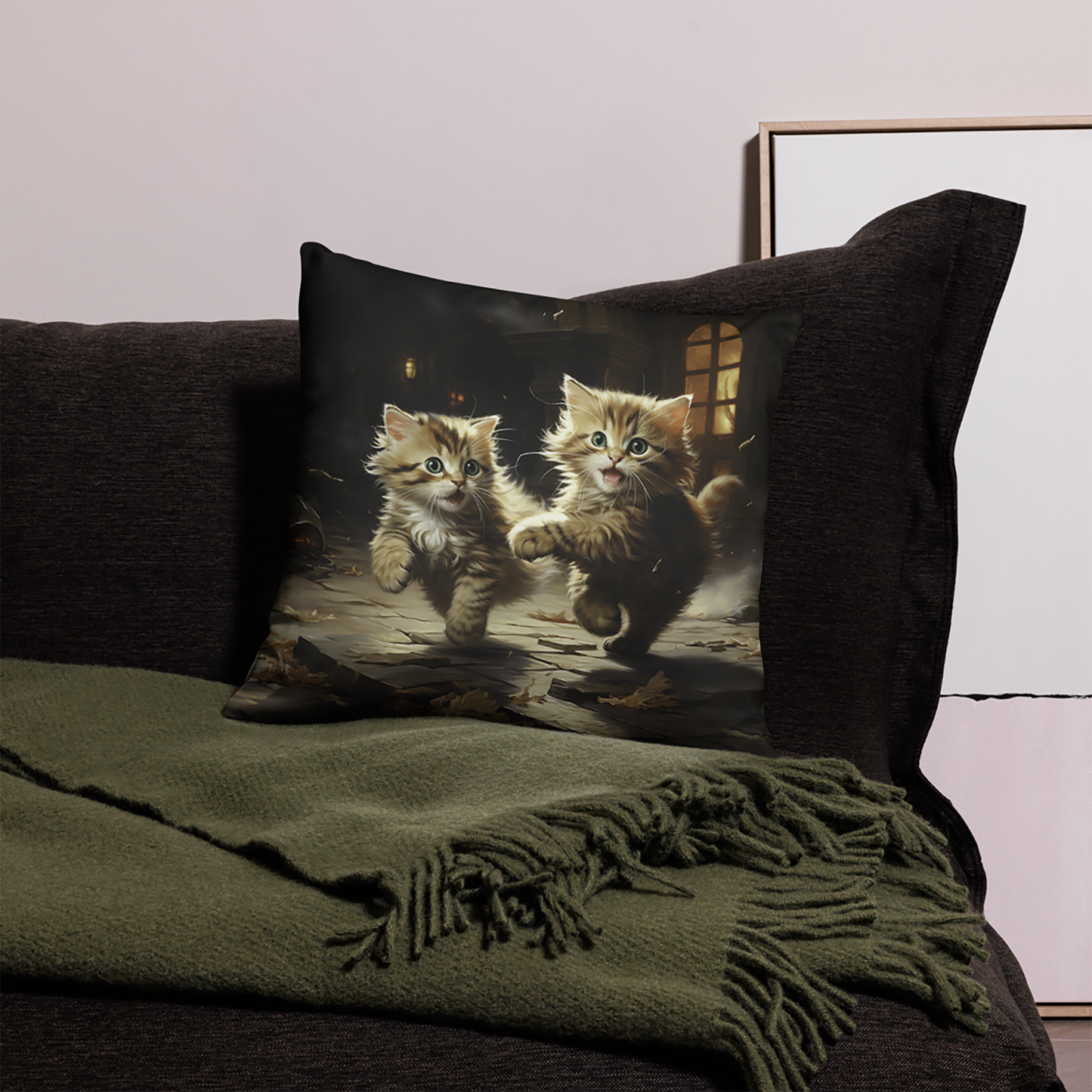 Cat Throw Pillow Stormy Frolic Fairytale Kittens Polyester Decorative Cushion 18x18