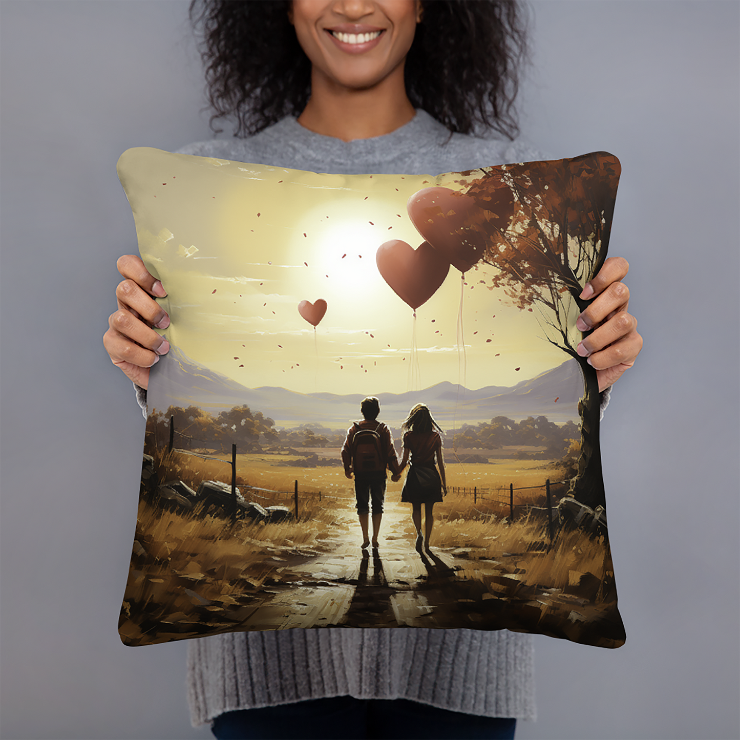 Couples Throw Pillow Crimson Hearts in Lush Landscape Polyester Decorative Cushion 18x18