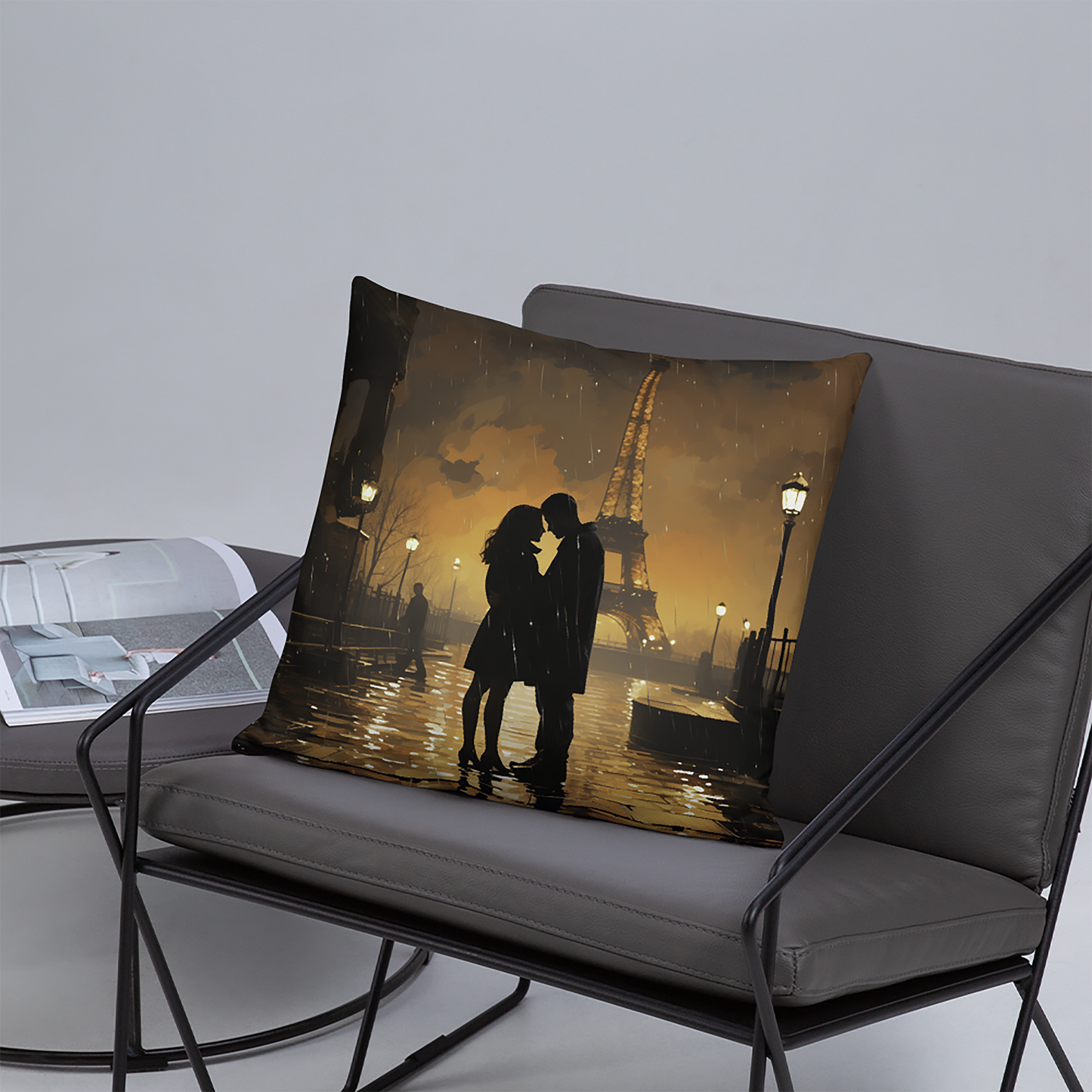 Couples Throw Pillow Parisian Rainy Romance Polyester Decorative Cushion 18x18