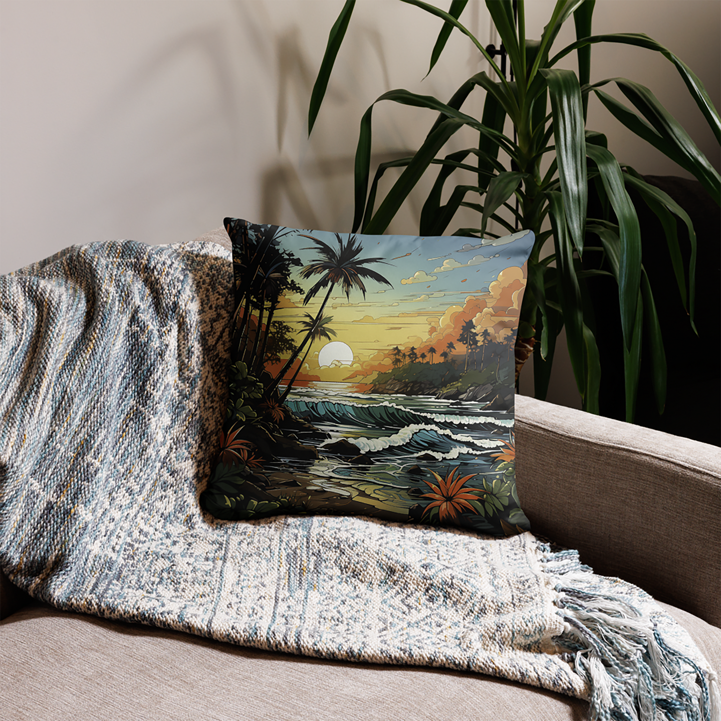 Beach Throw Pillow Tropical Sunset Expressive Polyester Decorative Cushion 18x18