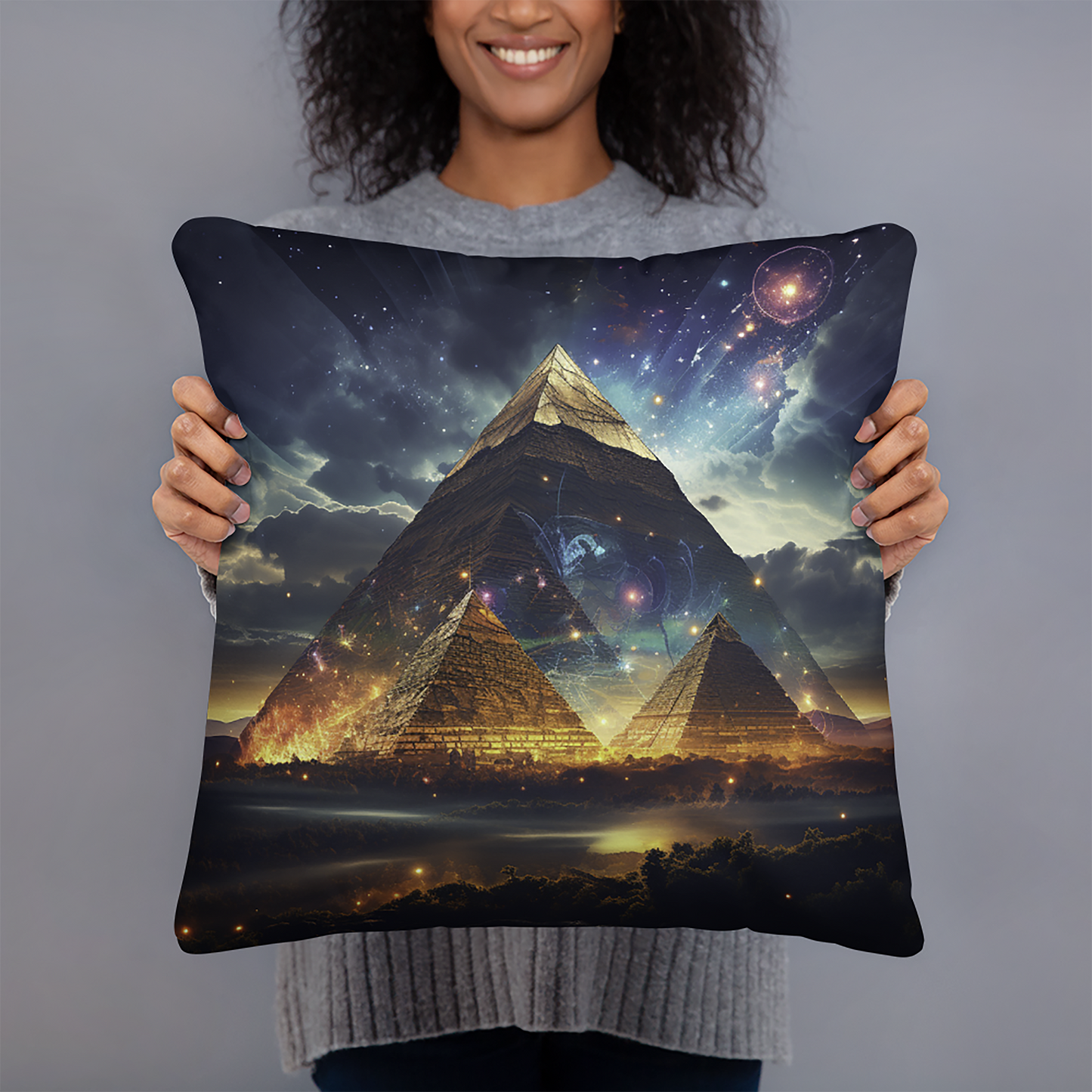 Space Throw Pillow Mystic Pyramids Under Astronomical Sky Polyester Decorative Cushion 18x18