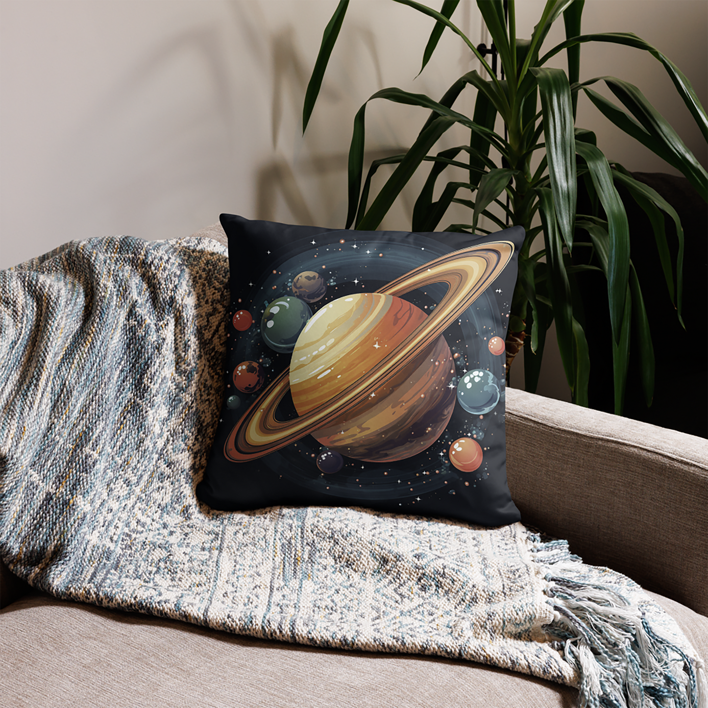 Space Throw Pillow Radiant Saturn Cluster Polyester Decorative Cushion 18x18