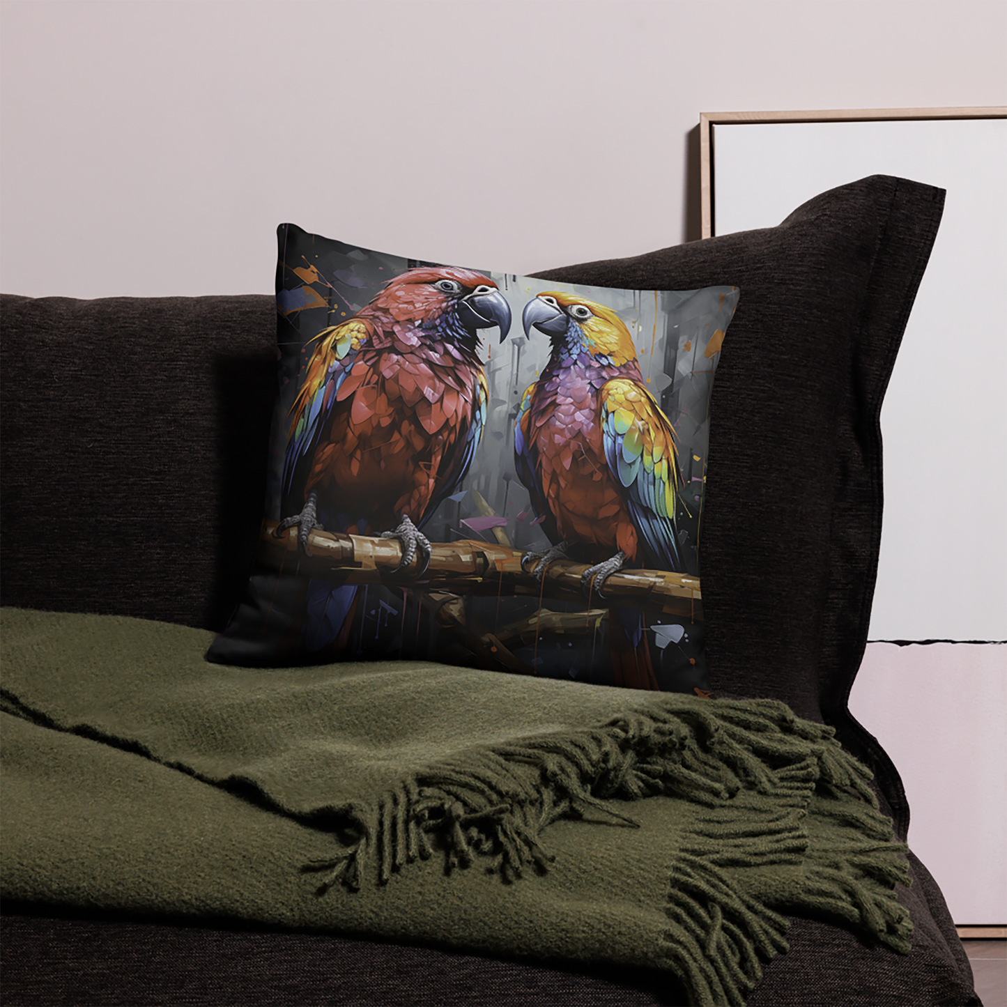 Bird Throw Pillow Vibrant Parrot Duo Art Polyester Decorative Cushion 18x18