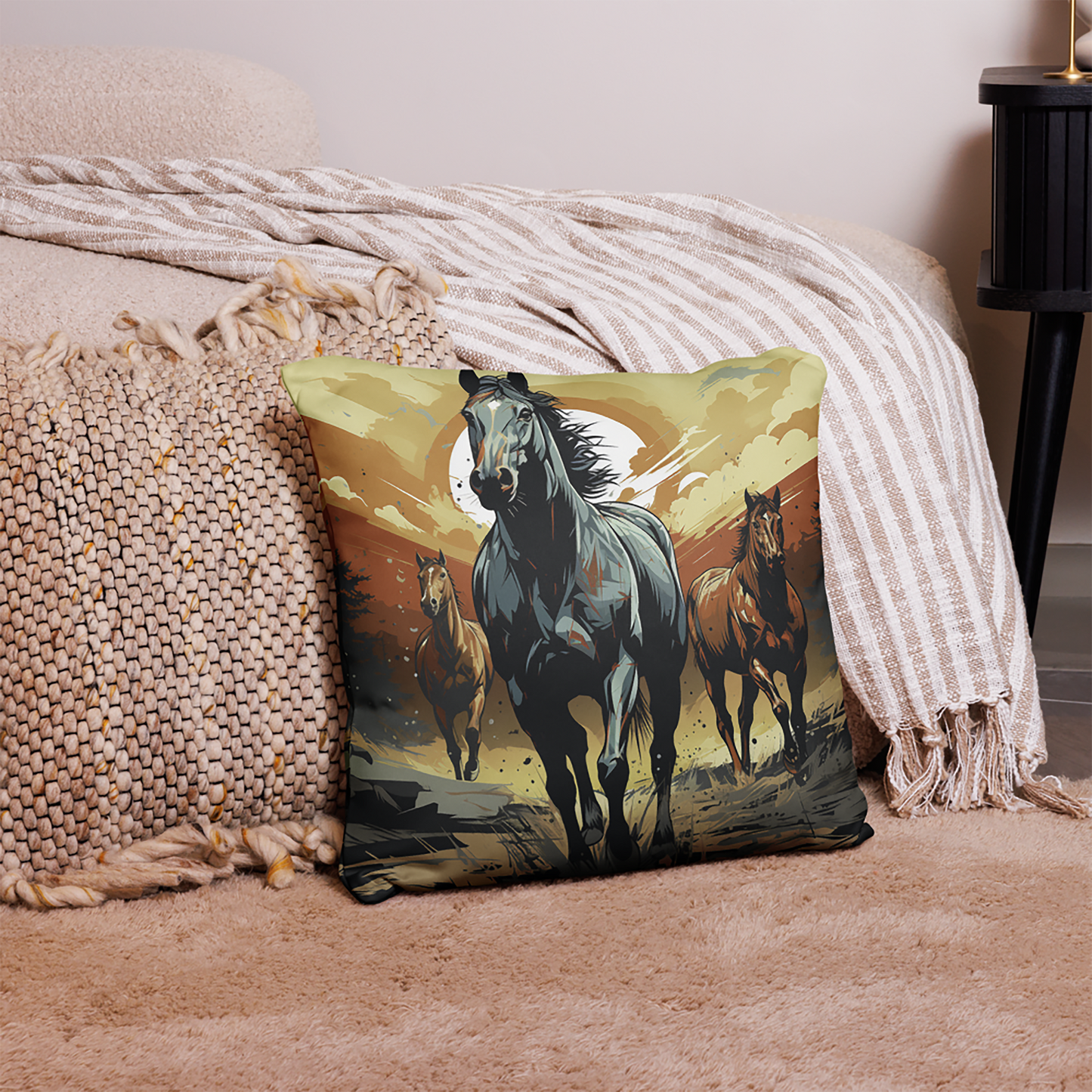 Horse Throw Pillow Vibrant Tonalist Horses Speedpainting Polyester Decorative Cushion 18x18