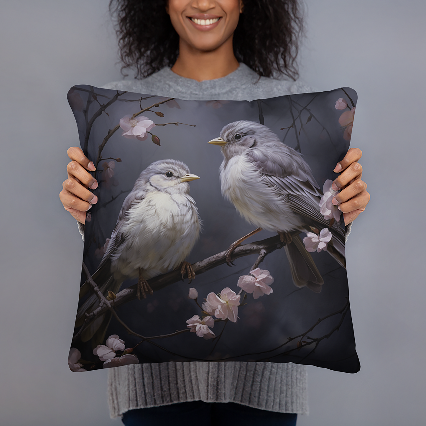 Bird Throw Pillow Dreamy Nightingale Symphony Polyester Decorative Cushion 18x18