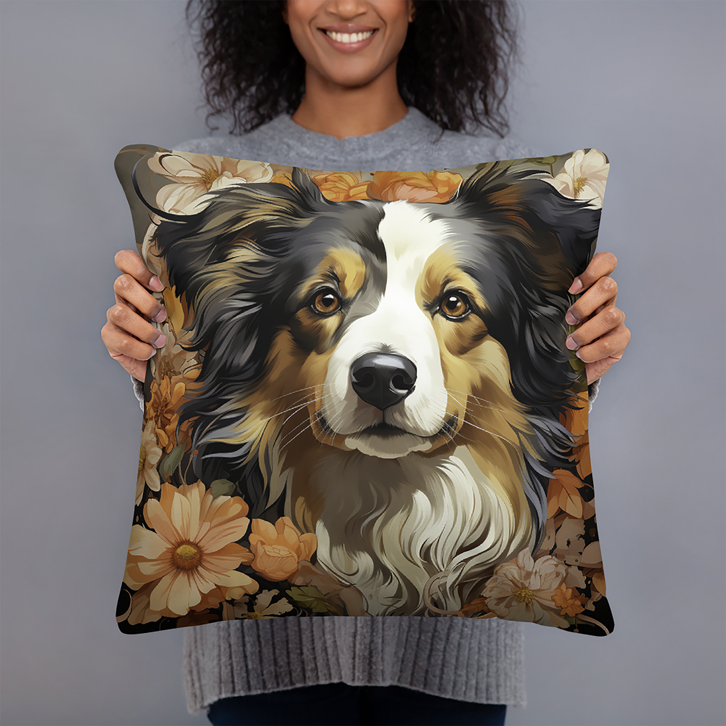 Dog Throw Pillow Floral Aussie Shepherd Fall Harmony Polyester Decorative Cushion 18x18
