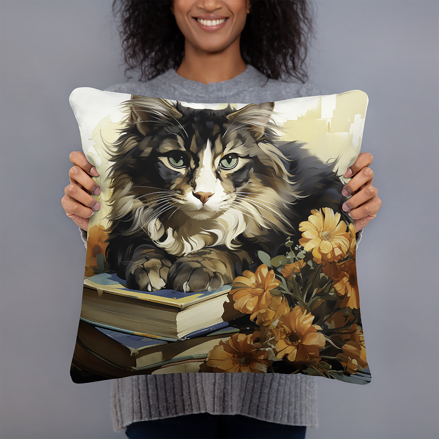 Cat Throw Pillow Floral Feline Study Graphic Illustration Polyester Decorative Cushion 18x18