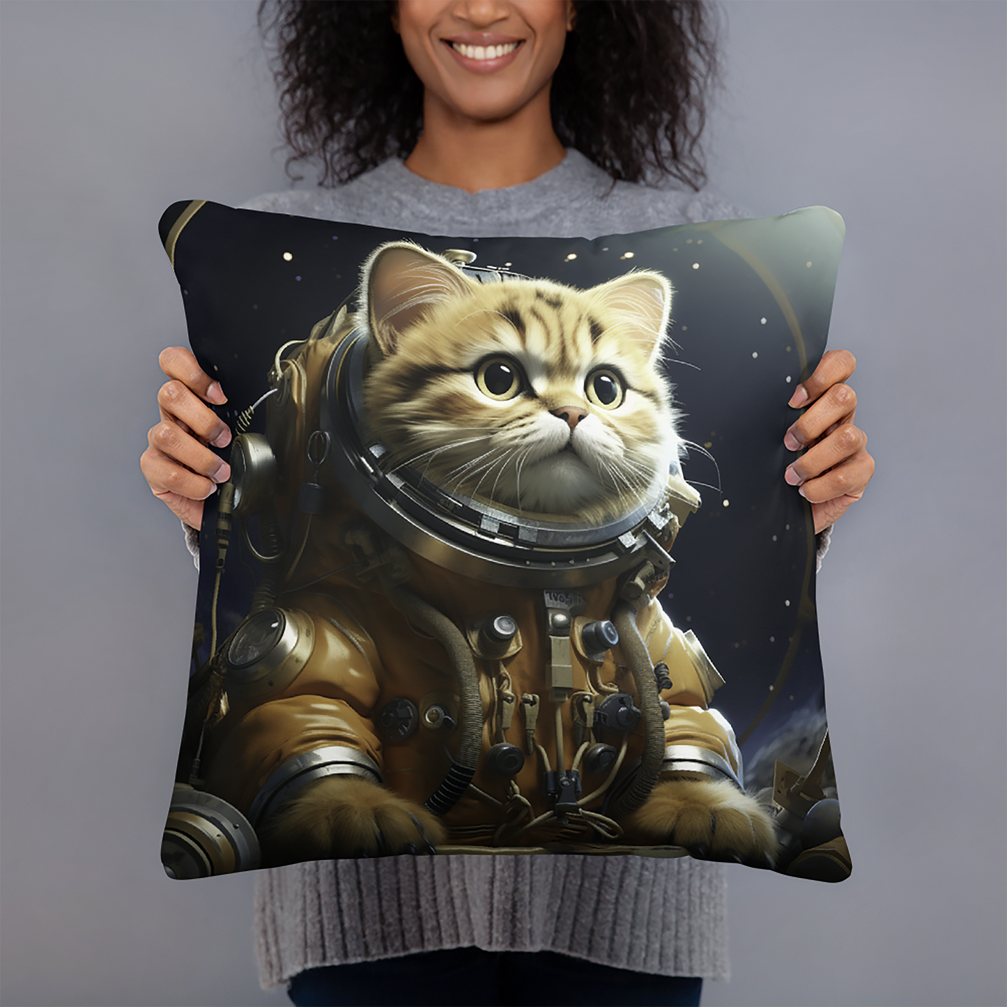 Cat Throw Pillow Galactic Feline Astronaut Cat Polyester Decorative Cushion 18x18