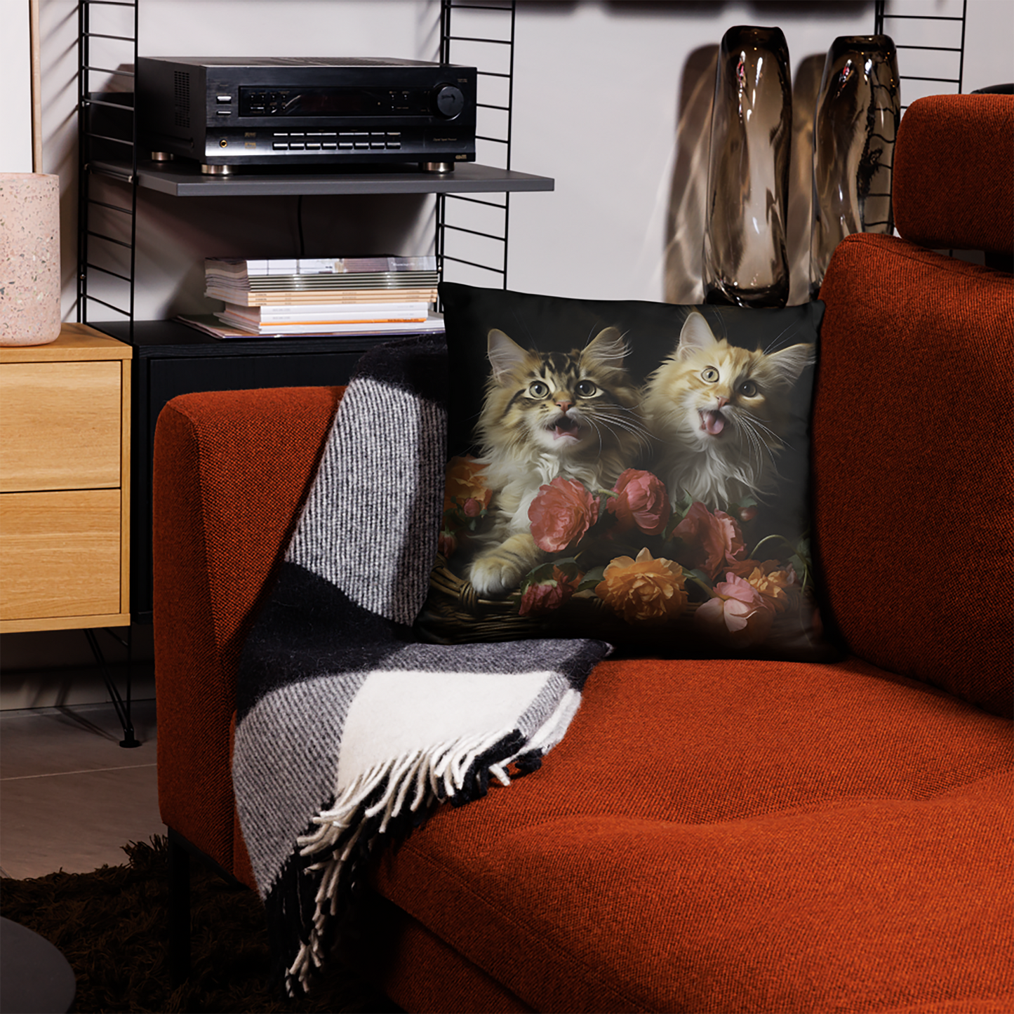 Cat Throw Pillow Golden Basket Buddies Playful Cats Polyester Decorative Cushion 18x18