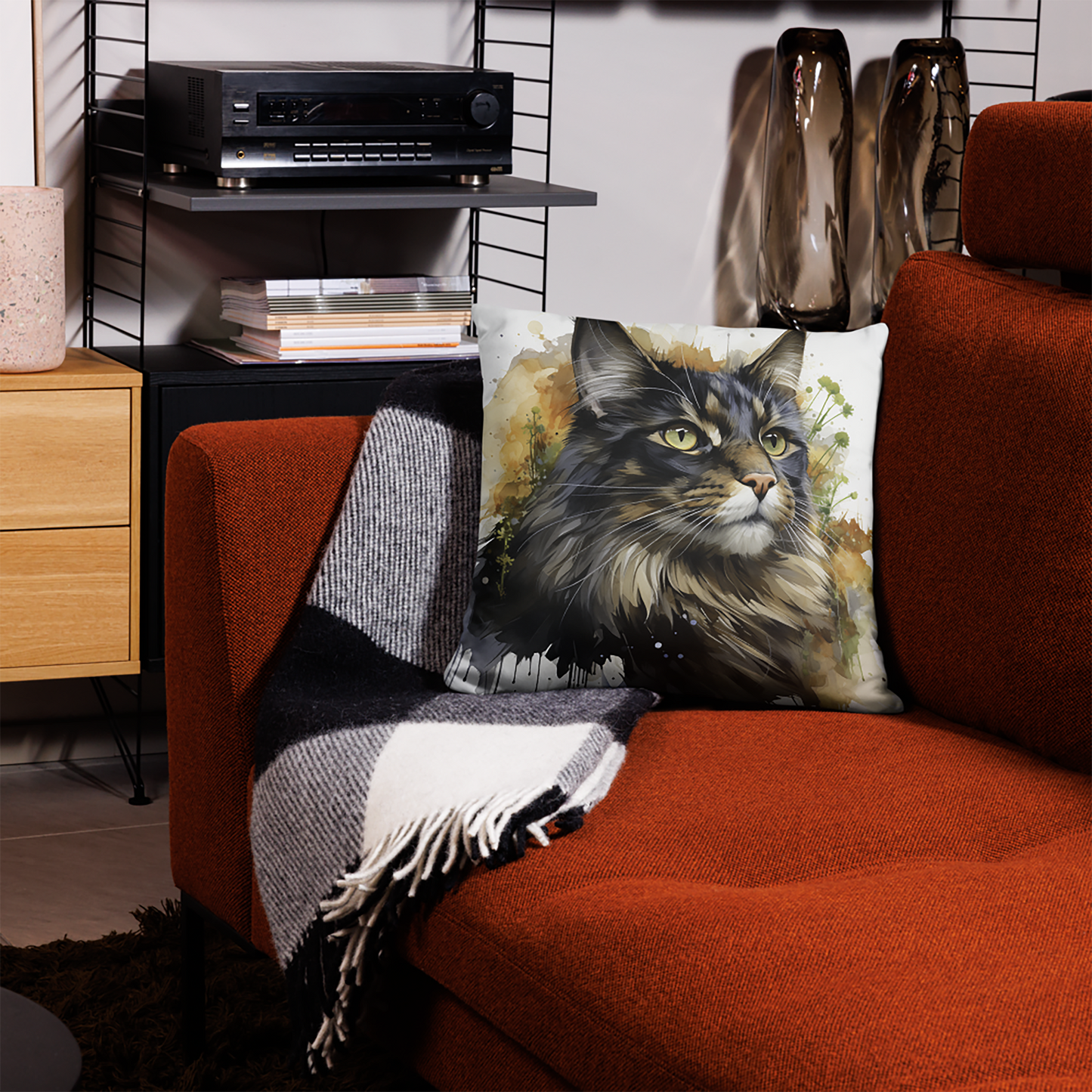 Cat Throw Pillow Majestic Feline Gaze Watercolor Portrait Polyester Decorative Cushion 18x18