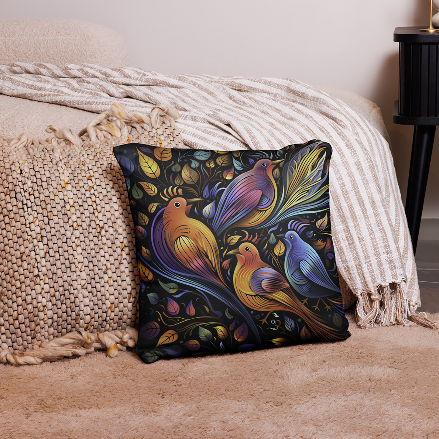 Bird Throw Pillow Neon Art Nouveau Bird Polyester Decorative Cushion 18x18