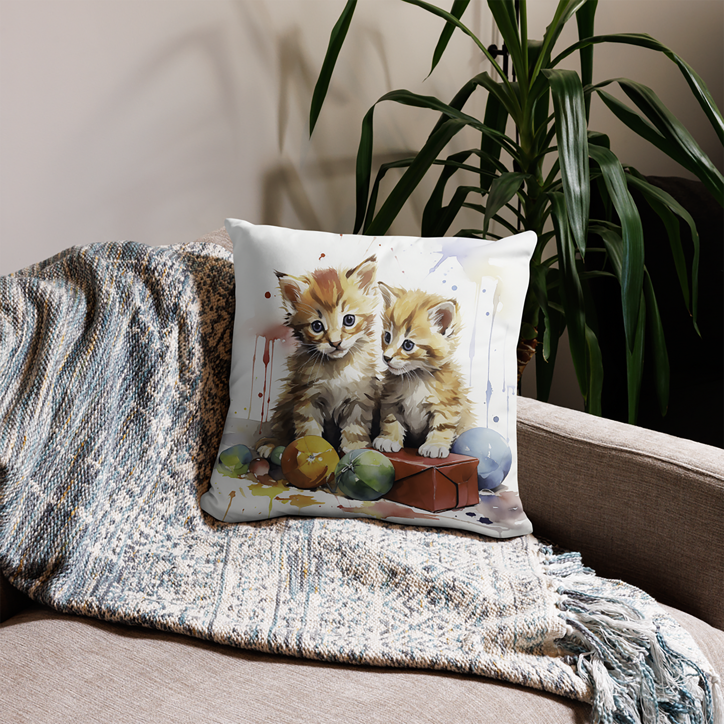 Cat Throw Pillow Playful Kittens Delight Watercolor Illustration Polyester Decorative Cushion 18x18