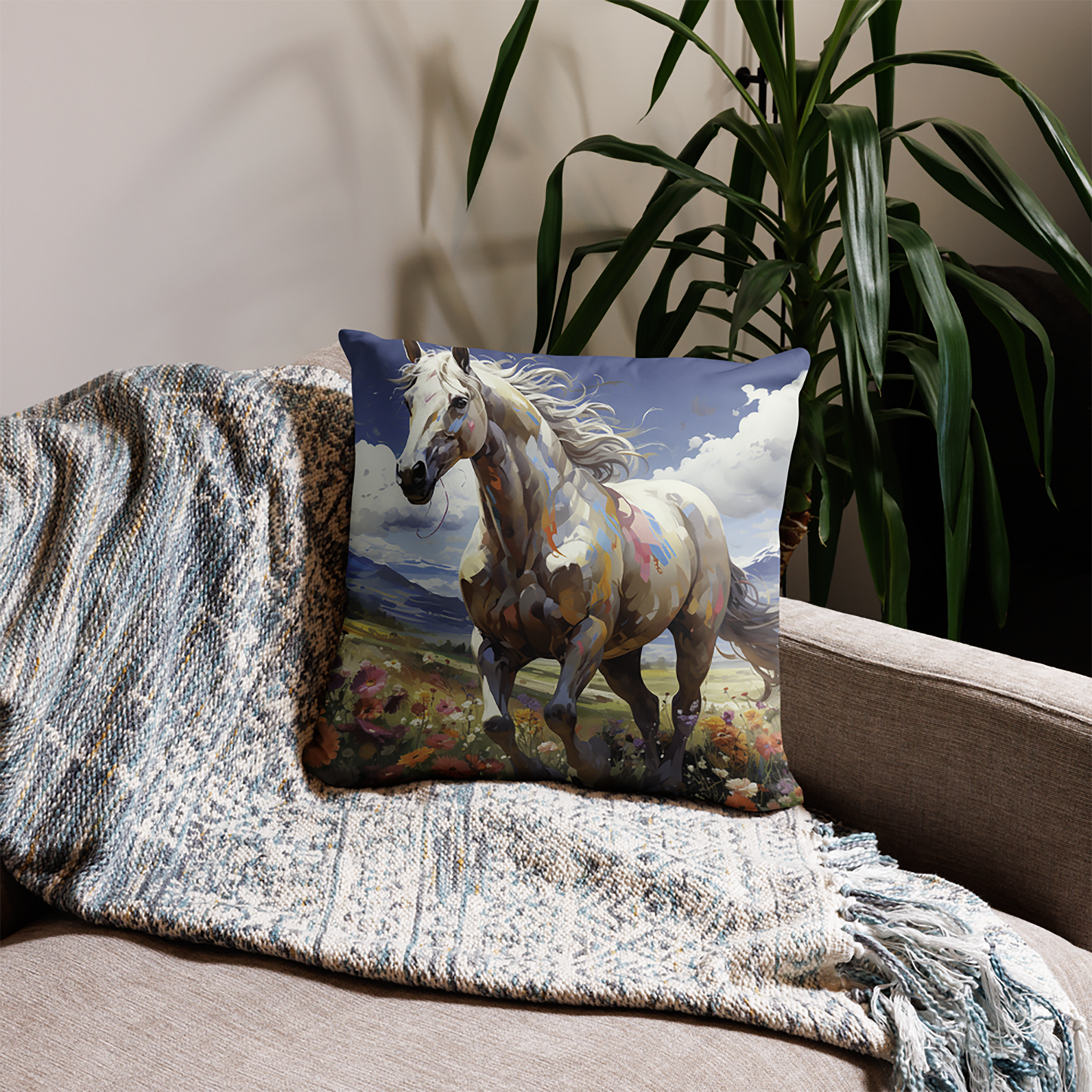 Horse Throw Pillow Spring Sprint Horse Spray Paint Polyester Decorative Cushion 18x18