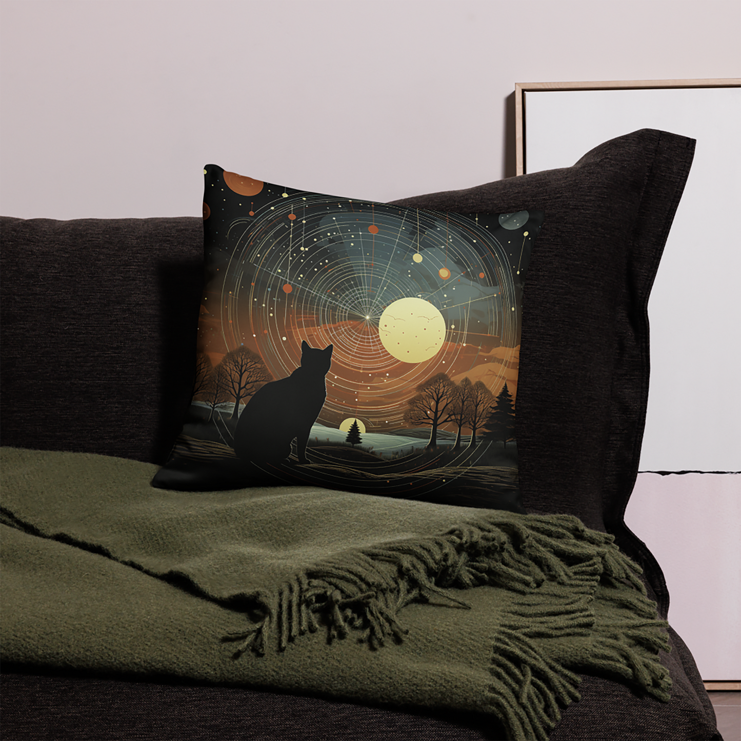 Cat Throw Pillow Stargazing Feline Cosmic Landscape Polyester Decorative Cushion 18x18