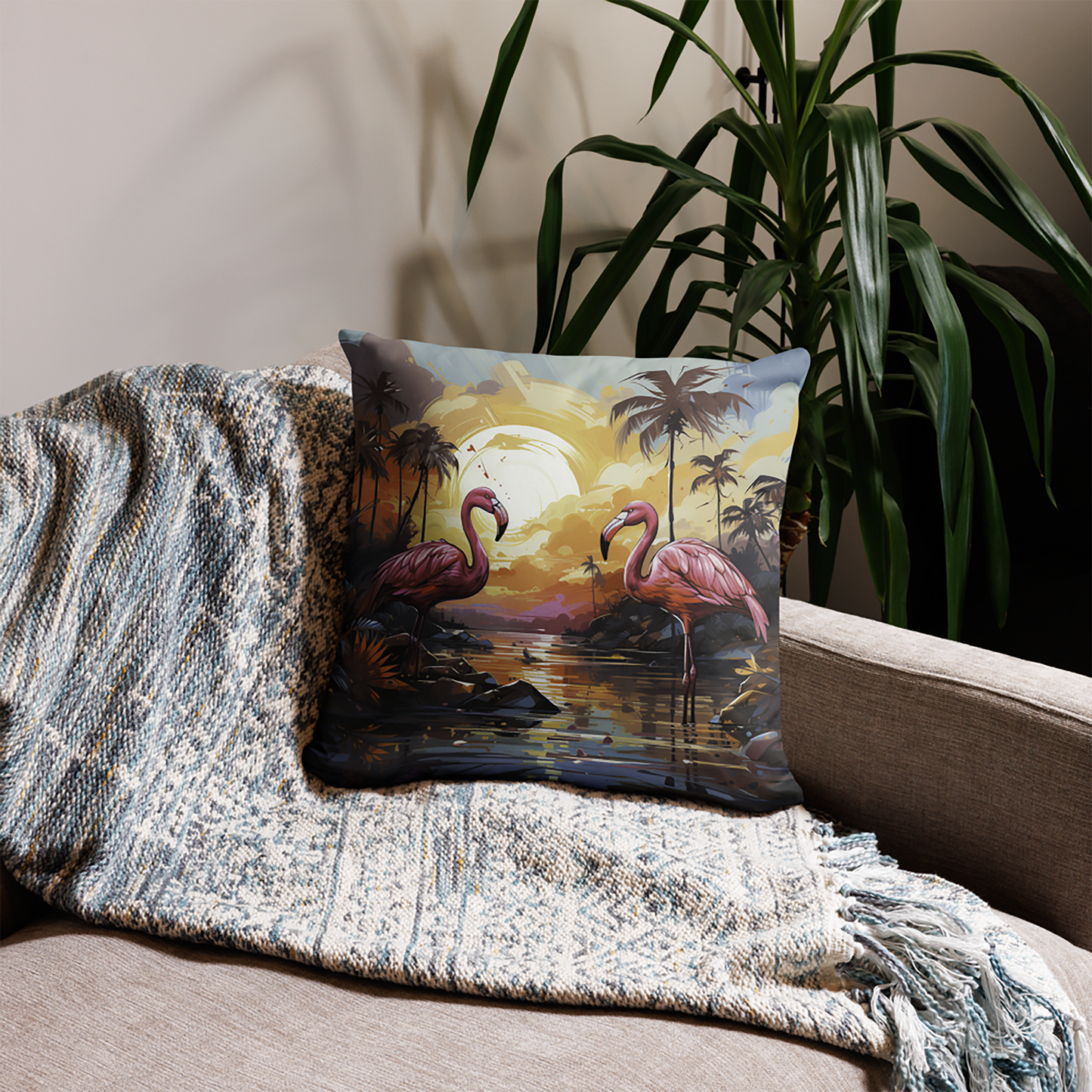 Bird Throw Pillow Sublime Flamingo Sunset Art Polyester Decorative Cushion 18x18