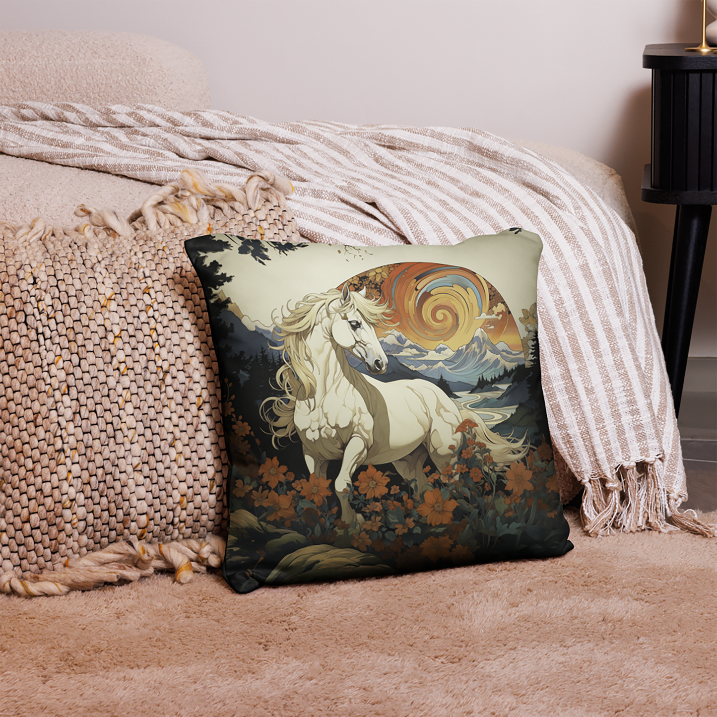Horse Throw Pillow Sunburst Horse and Floral Fantasy Polyester Decorative Cushion 18x18
