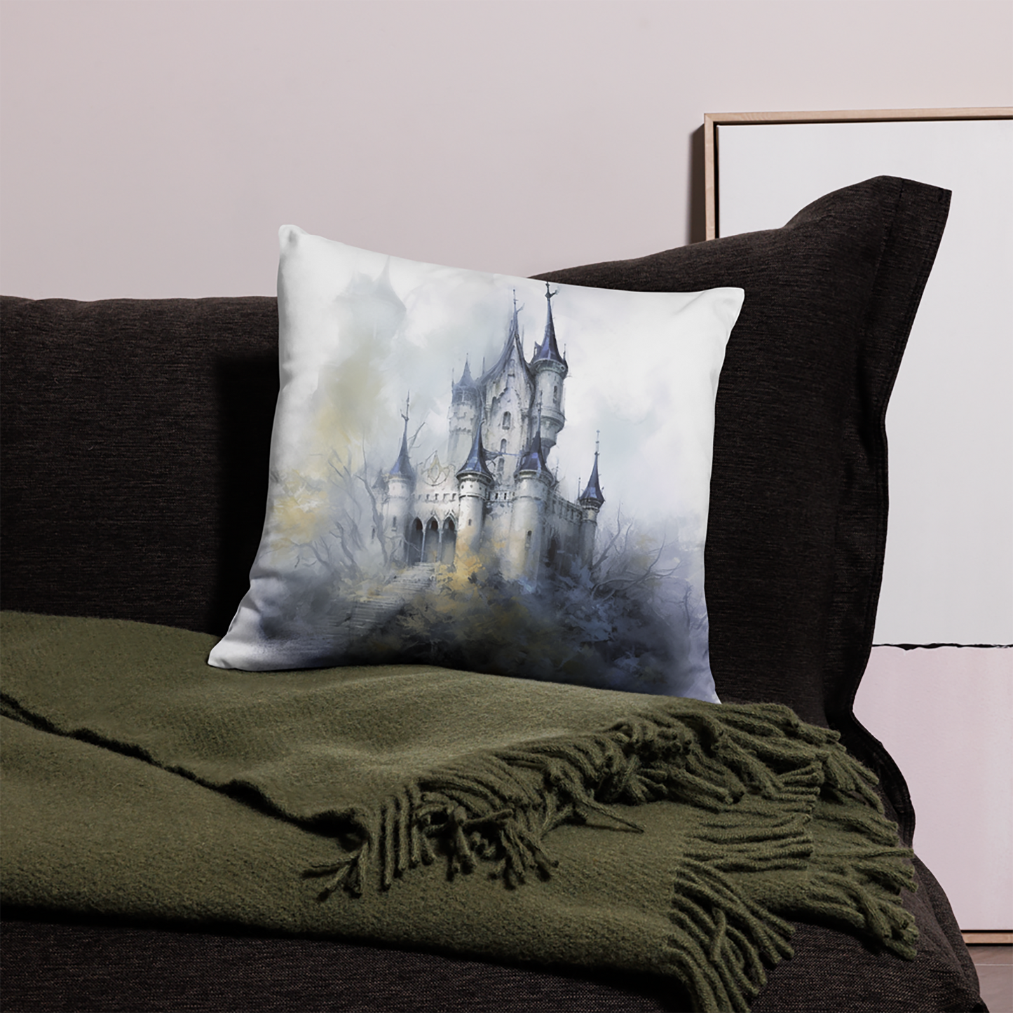 Castle Throw Pillow Watercolor Fantasy White Castle Polyester Decorative Cushion 18x18