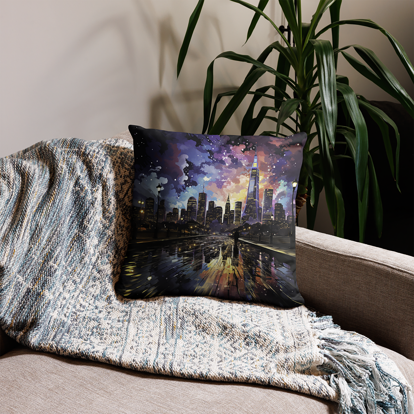 Cityscape Throw Pillow Vibrant Night City Cosmic Polyester Decorative Cushion 18x18
