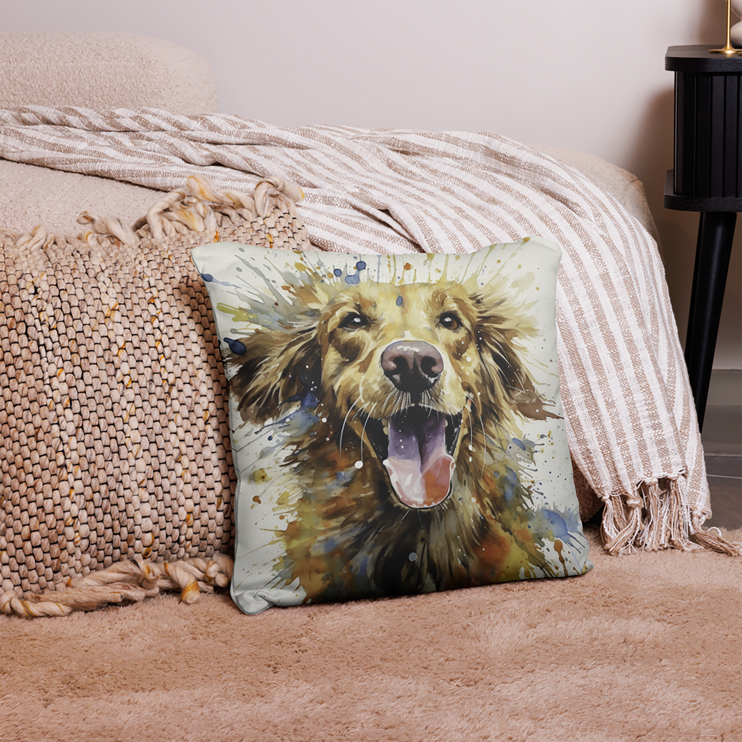 Dog Throw Pillow Explosive Watercolor Golden Retriever Polyester Decorative Cushion 18x18