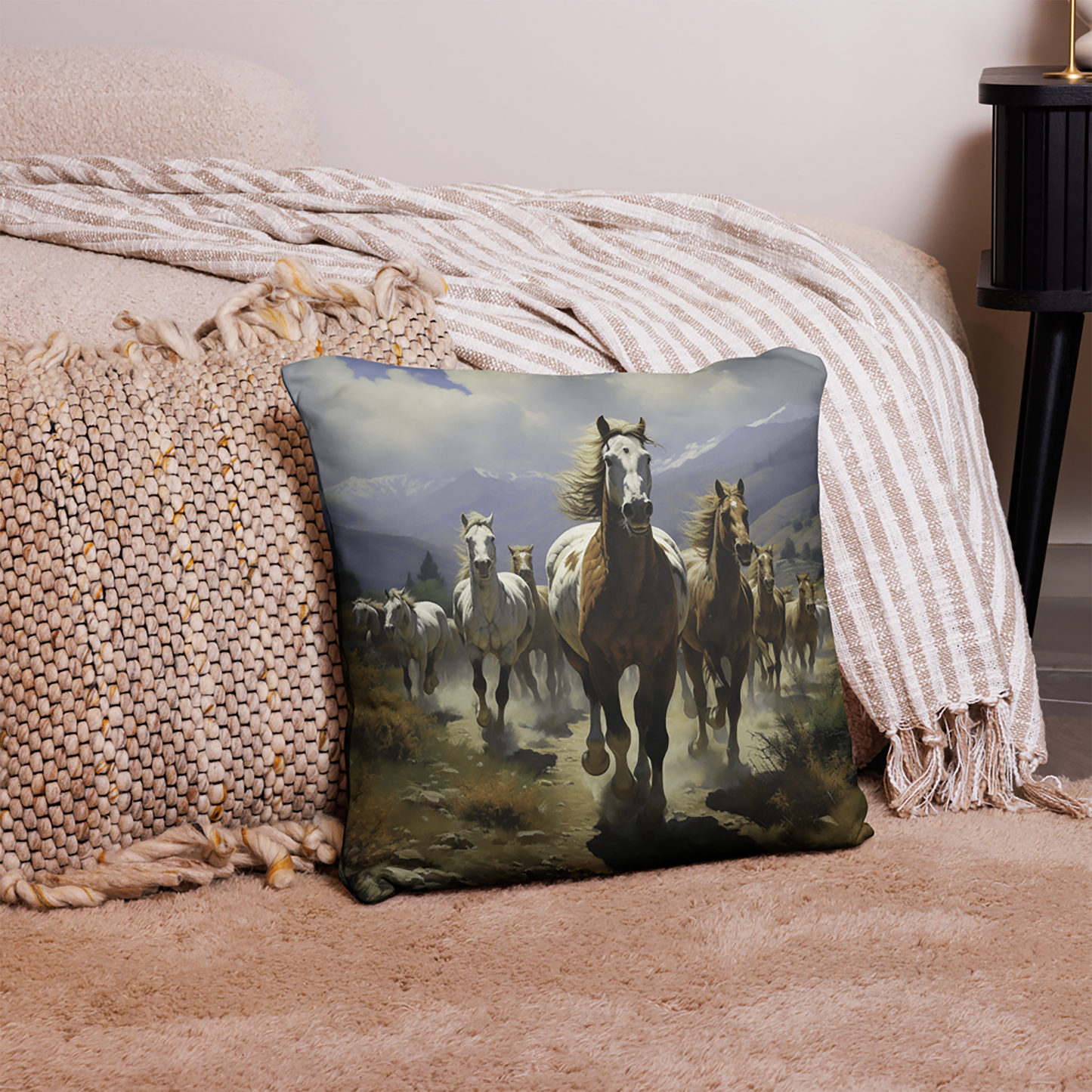 Horse Throw Pillow Galloping Herd Field Comfort Polyester Decorative Cushion 18x18