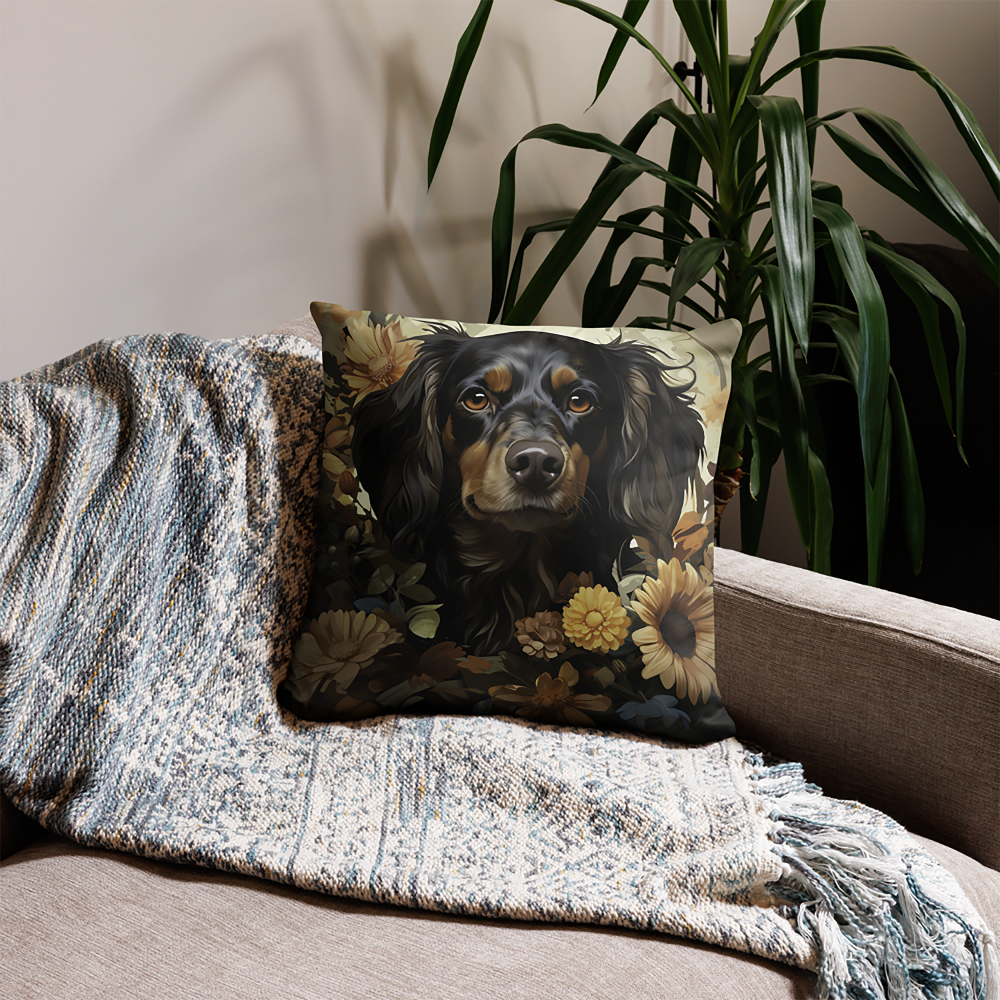 Dog Throw Pillow Elegant Dachshund Amidst Orange Blooms Polyester Decorative Cushion 18x18
