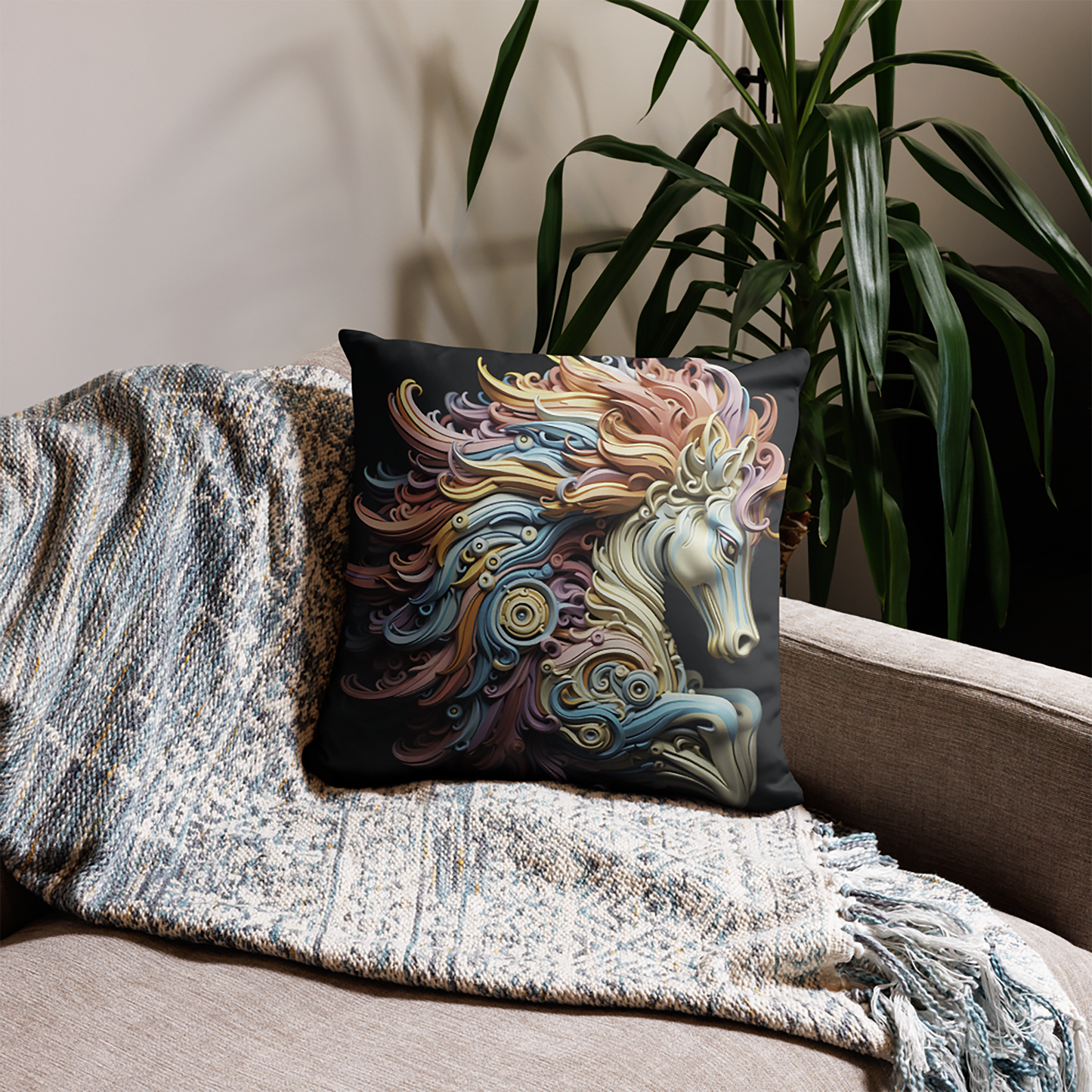 Horse Throw Pillow Intricate 3D Horse Sculpture Polyester Decorative Cushion 18x18