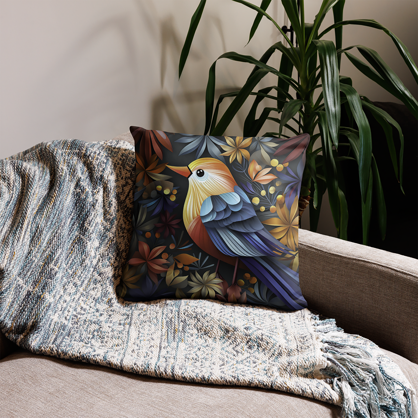 Bird Throw Pillow Multidimensional Bird Art Polyester Decorative Cushion 18x18