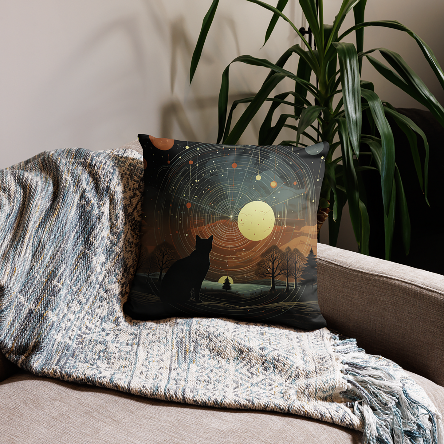 Cat Throw Pillow Stargazing Feline Cosmic Landscape Polyester Decorative Cushion 18x18