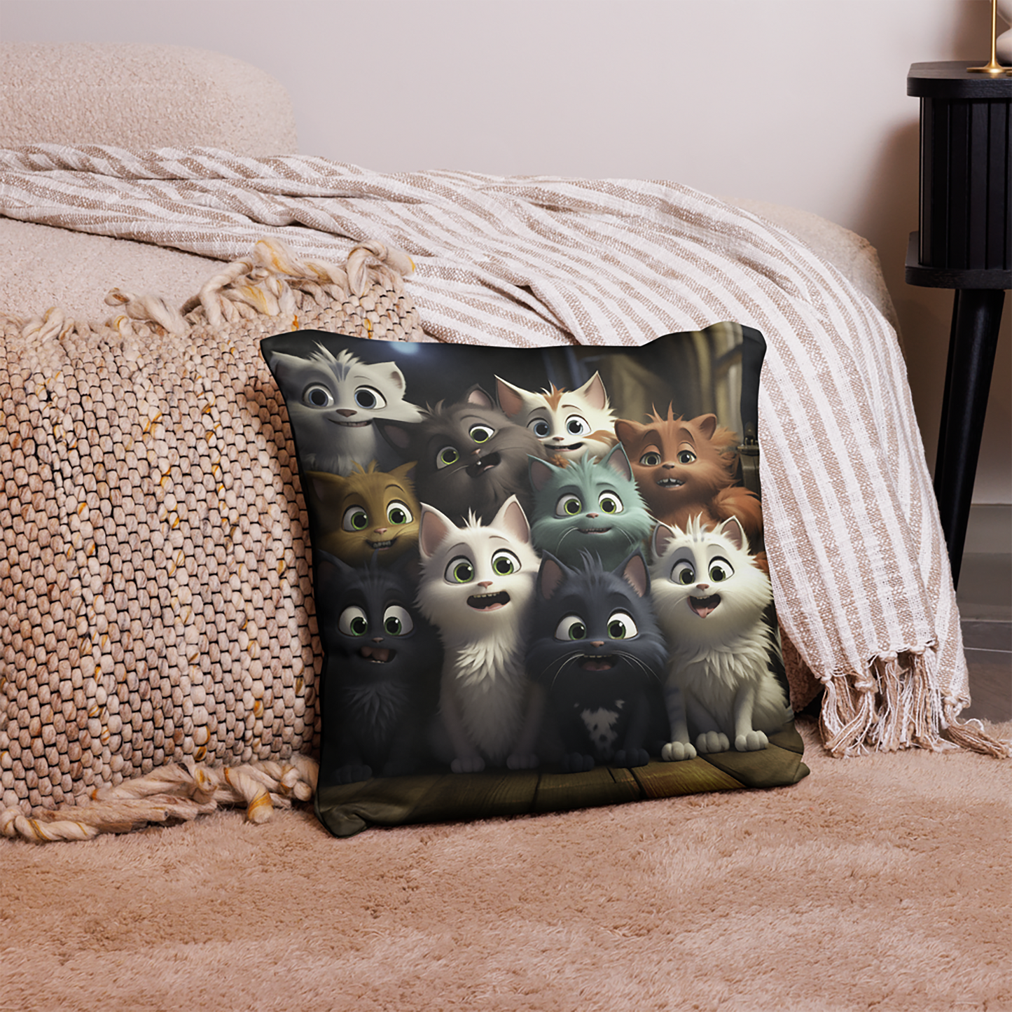 Cat Throw Pillow Animated Feline Gathering Polyester Decorative Cushion 18x18