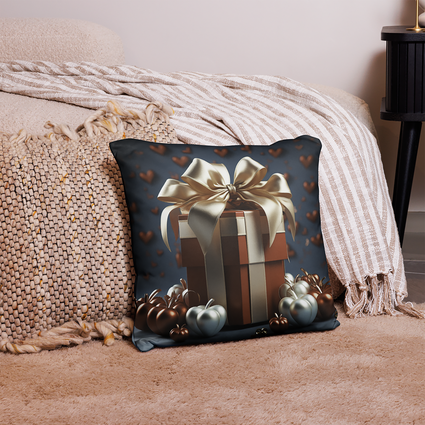 Heart Throw Pillow Heartfelt Golden Gift Box Polyester Decorative Cushion 18x18