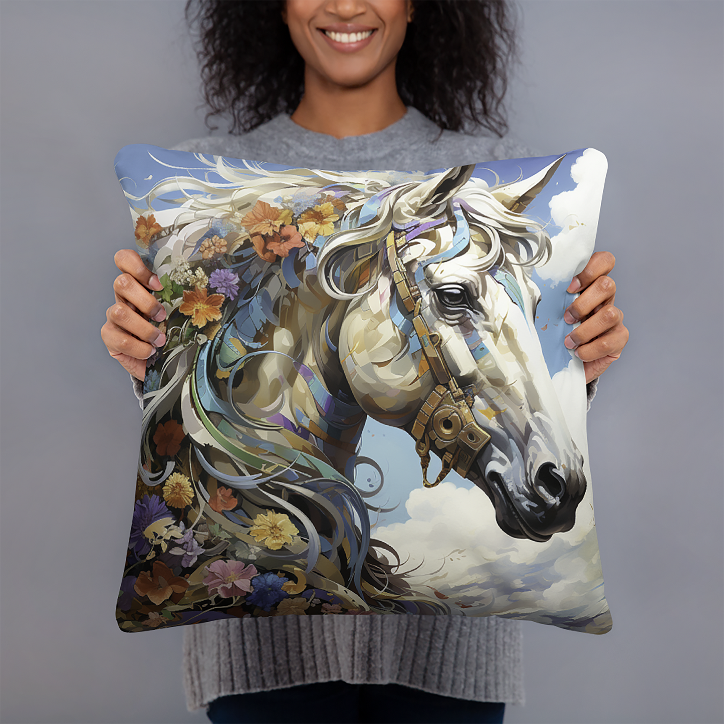 Horse Throw Pillow Fantasy Realism Floral Polyester Decorative Cushion 18x18