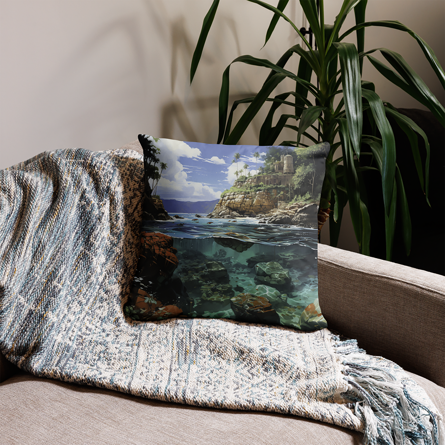 Beach Throw Pillow Intricate Rocky Coastline Polyester Decorative Cushion 18x18