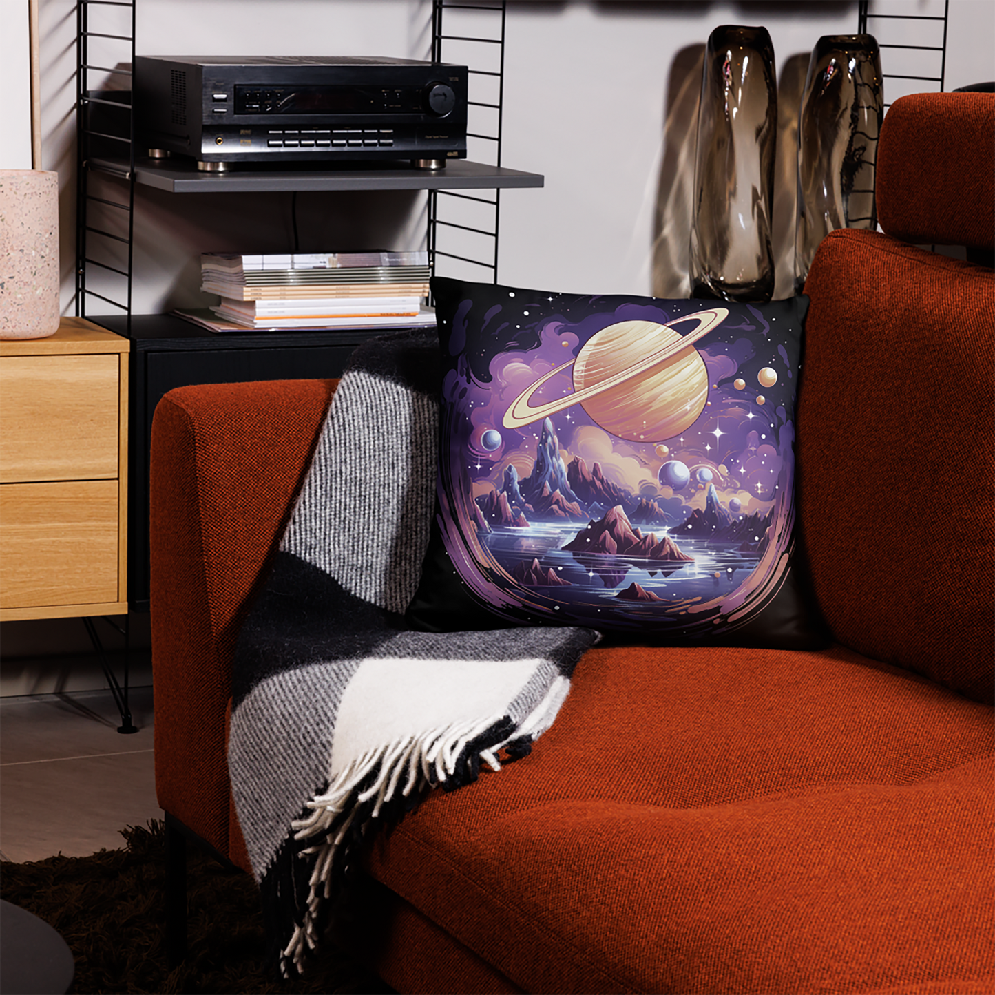 Space Throw Pillow Mystical Saturn Landscape Polyester Decorative Cushion 18x18