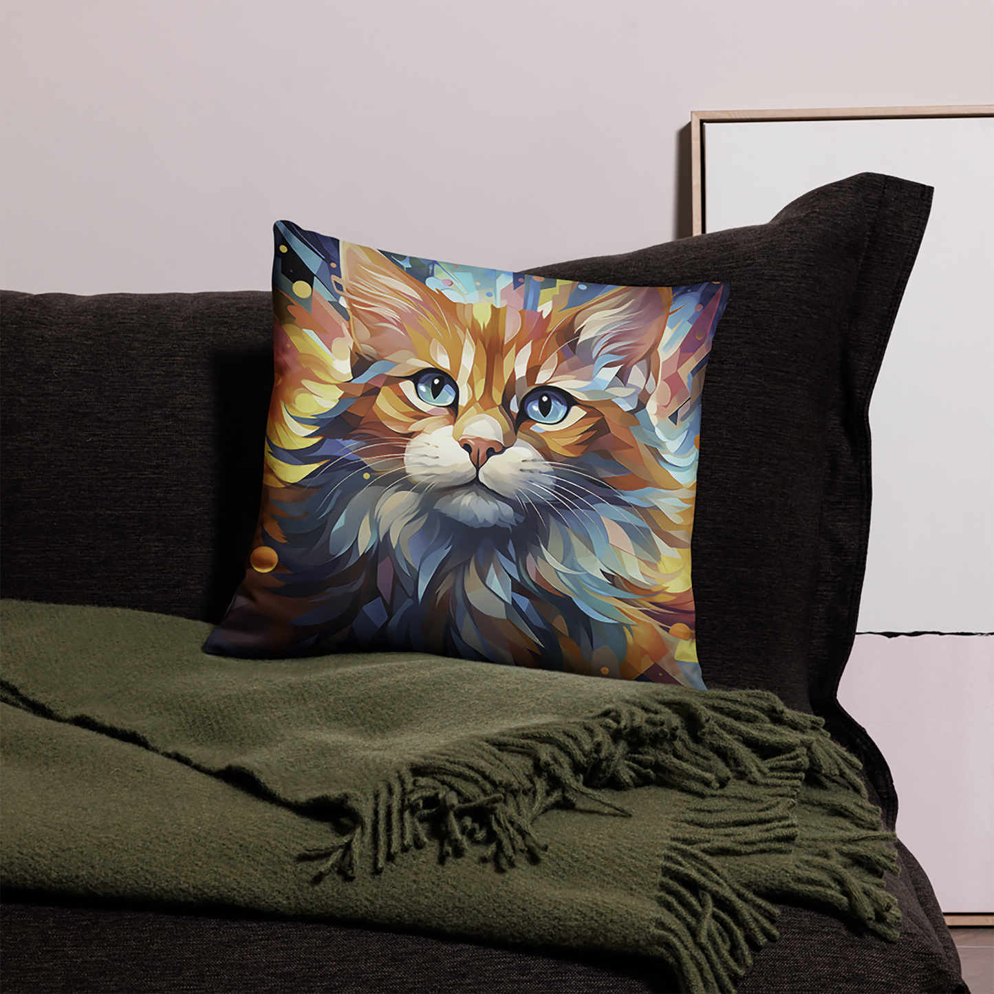 Cat Throw Pillow Vibrant Pixel Feline Digital Art Polyester Decorative Cushion 18x18