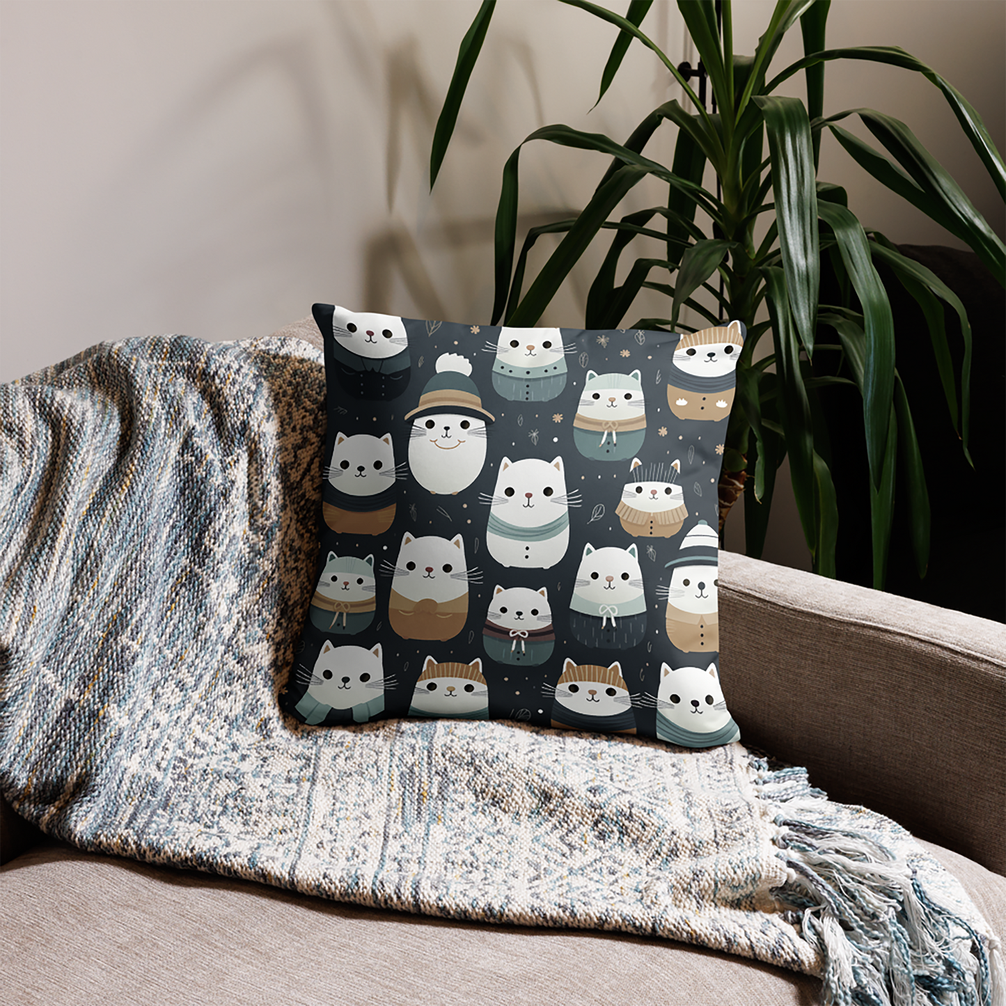 Cat Throw Pillow Winter Whiskers Cozy Cats and Mittens Polyester Decorative Cushion 18x18