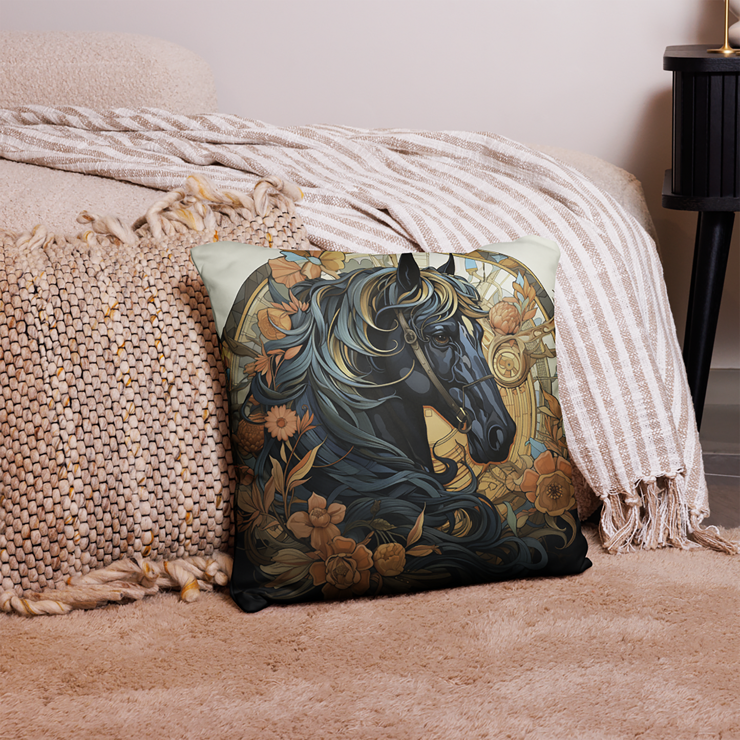 Horse Throw Pillow Dark Horse and Floral Charm Polyester Decorative Cushion 18x18