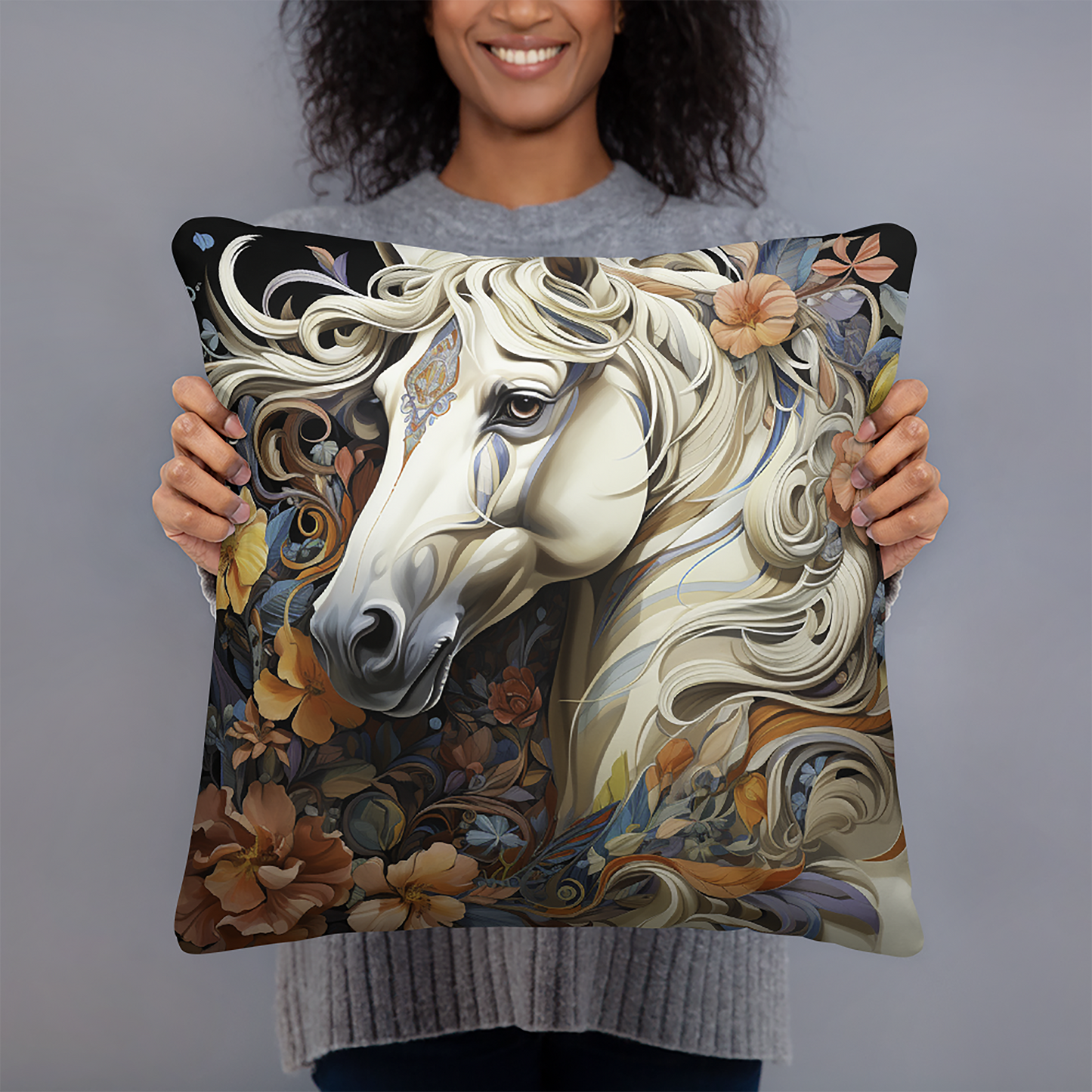 Horse Throw Pillow Floral Wonderland Horse Illustration Polyester Decorative Cushion 18x18