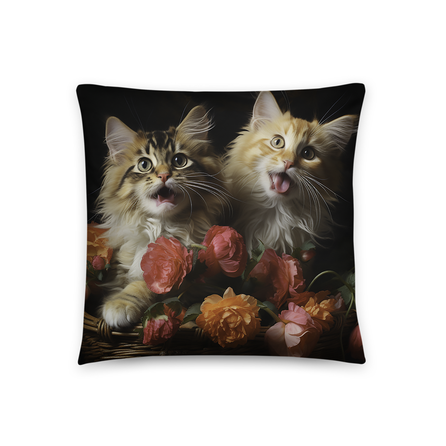 Cat Throw Pillow Golden Basket Buddies Playful Cats Polyester Decorative Cushion 18x18