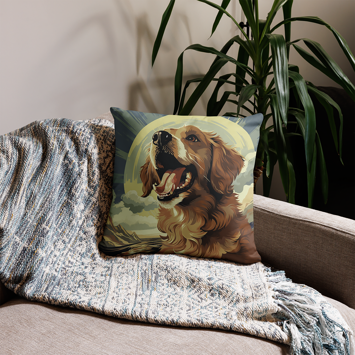 Dog Throw Pillow Joyful Golden Retriever Stencil Art Polyester Decorative Cushion 18x18