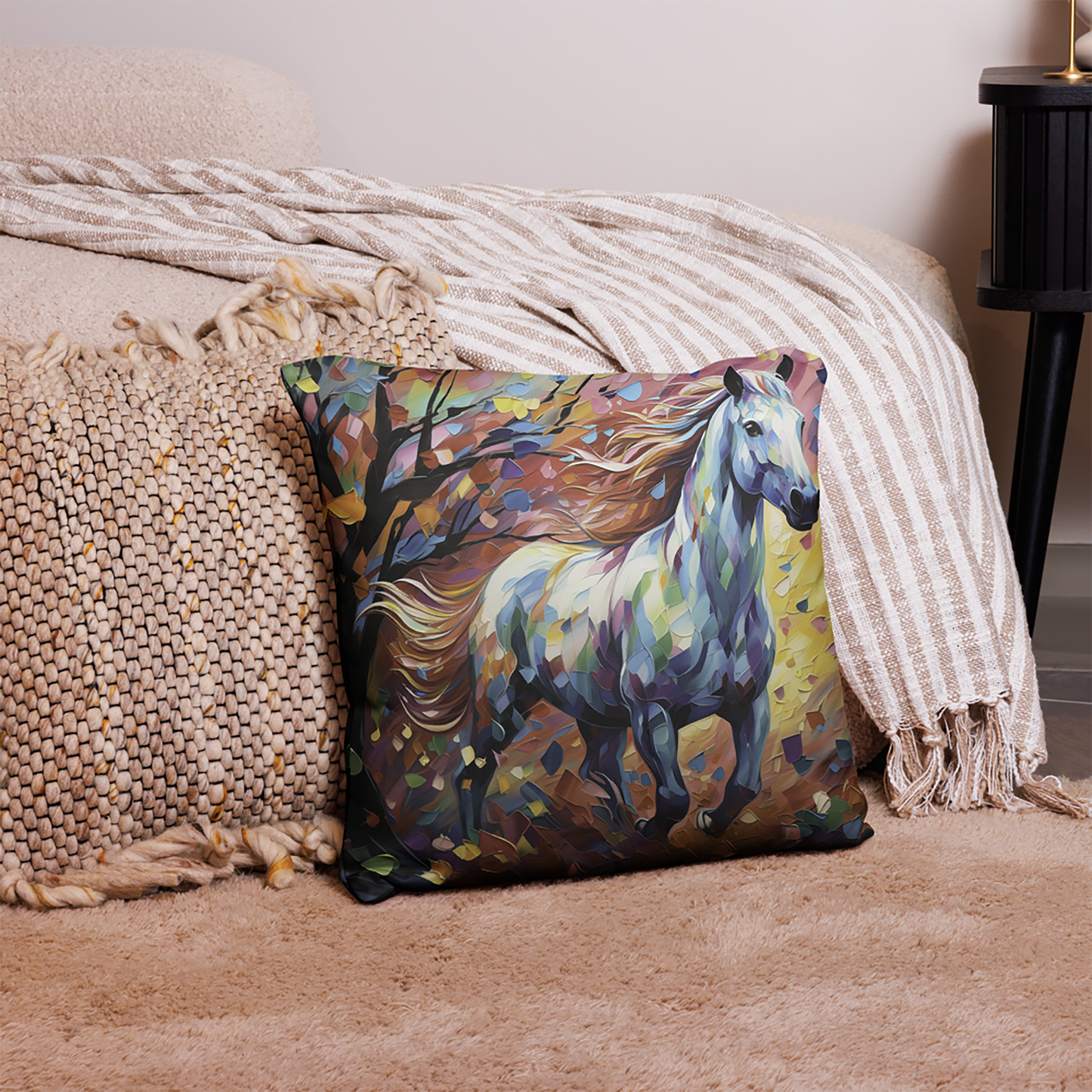 Horse Throw Pillow Multicolored Horse and Petals Polyester Decorative Cushion 18x18