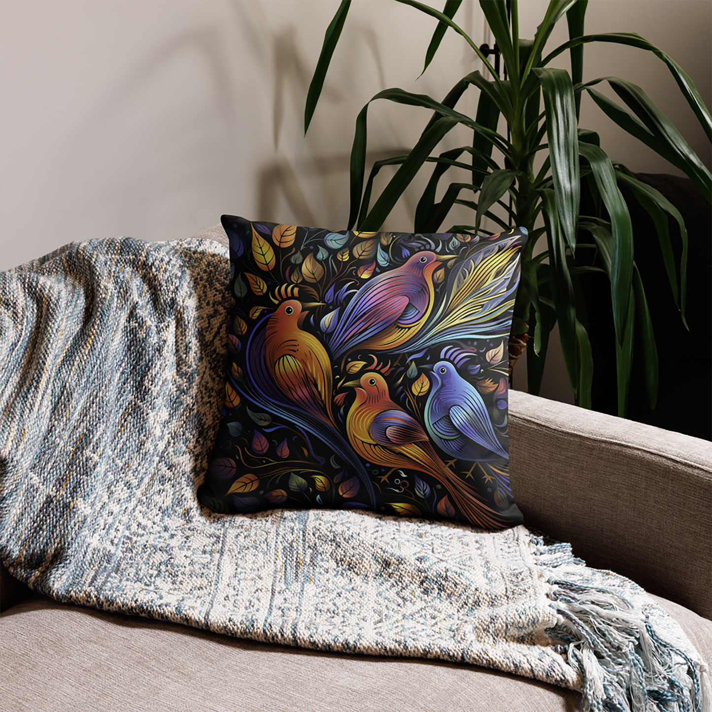 Bird Throw Pillow Neon Art Nouveau Bird Polyester Decorative Cushion 18x18