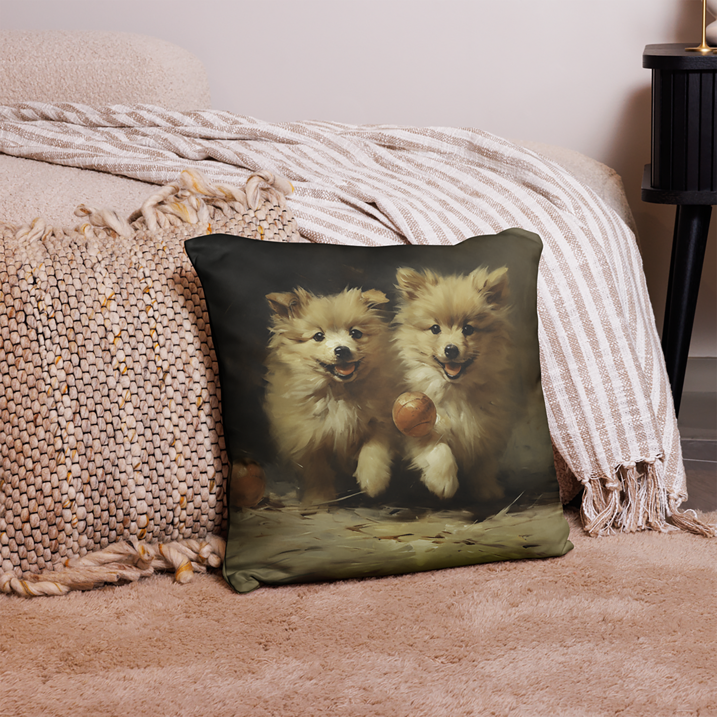 Dog Throw Pillow Playful Puppies Chase Ball Polyester Decorative Cushion 18x18