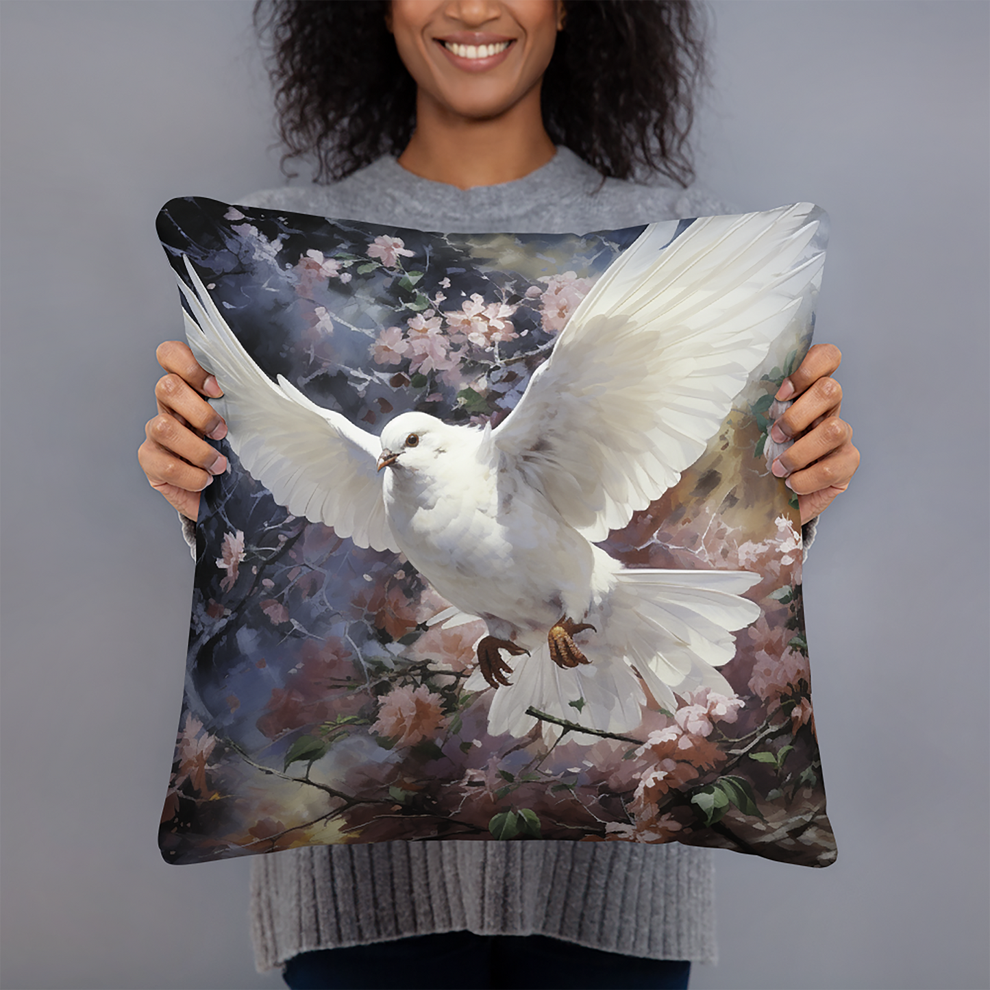 Bird Throw Pillow Divine Dove and Blossom Art Polyester Decorative Cushion 18x18