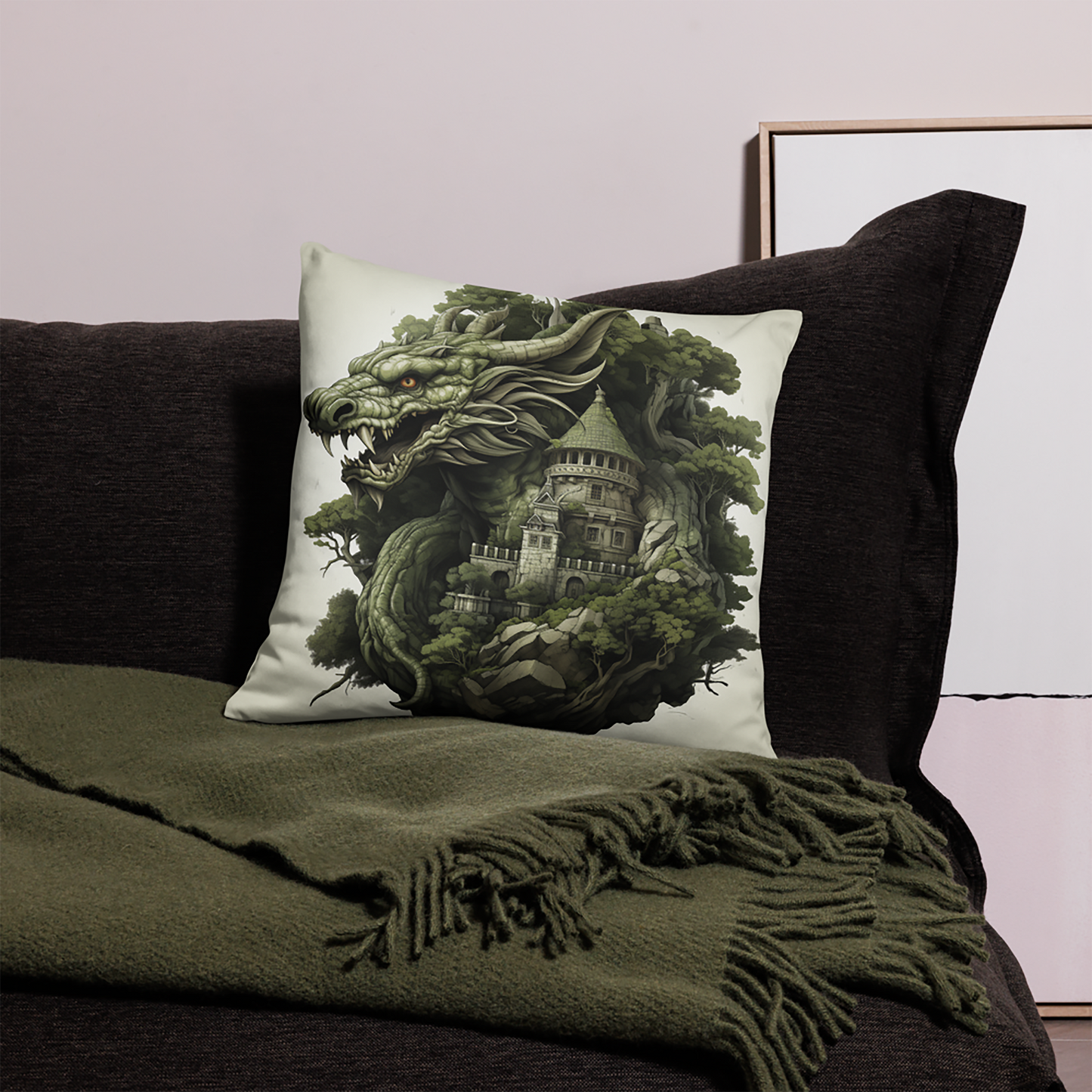 Dragon Throw Pillow Mystic Forest Dragon Castle Polyester Decorative Cushion 18x18