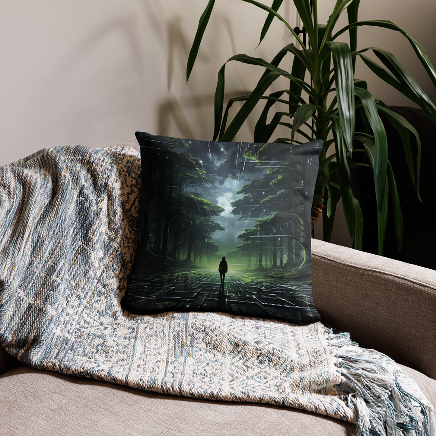 Future Throw Pillow Emerald Night Forest Polyester Decorative Cushion 18x18