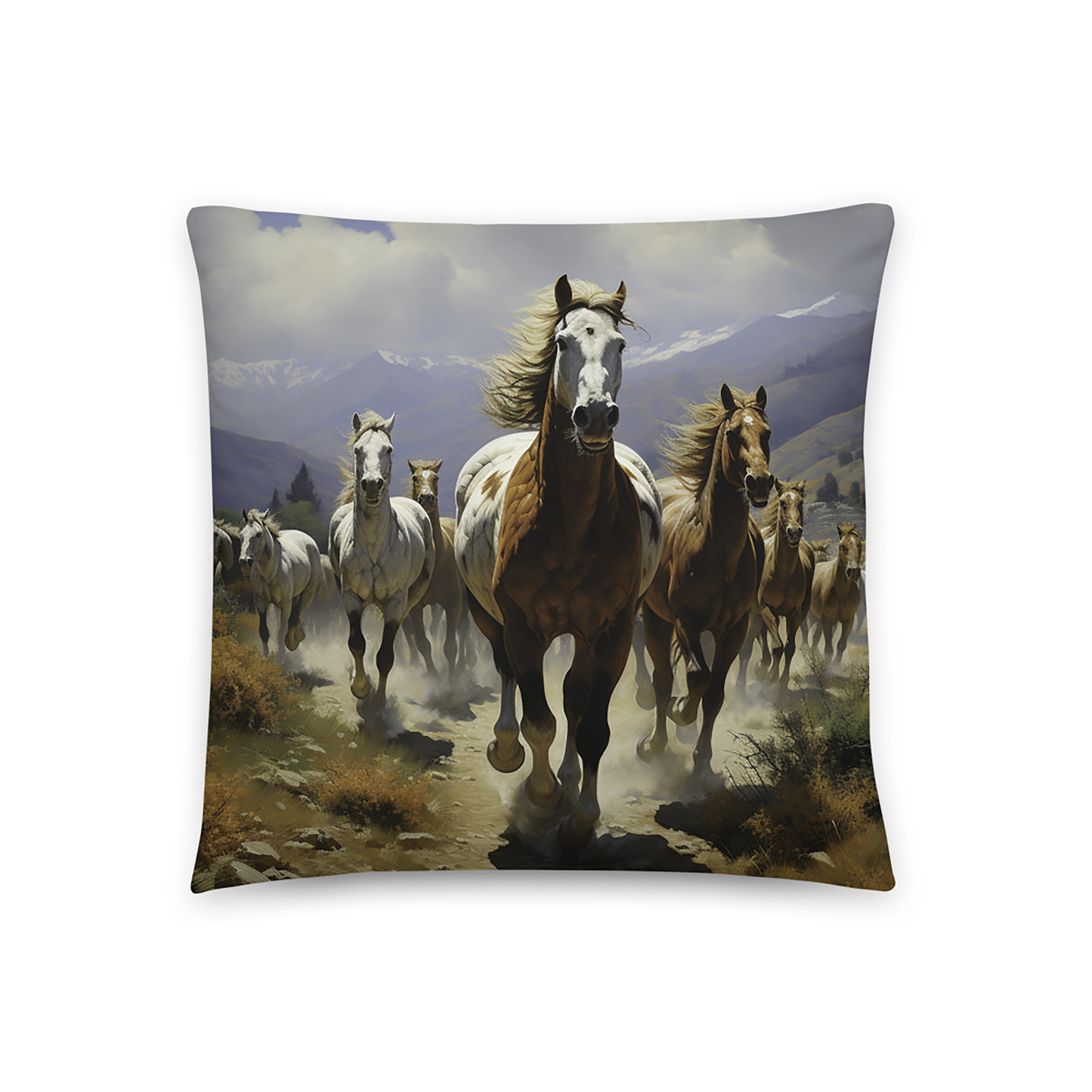 Horse Throw Pillow Galloping Herd Field Comfort Polyester Decorative Cushion 18x18