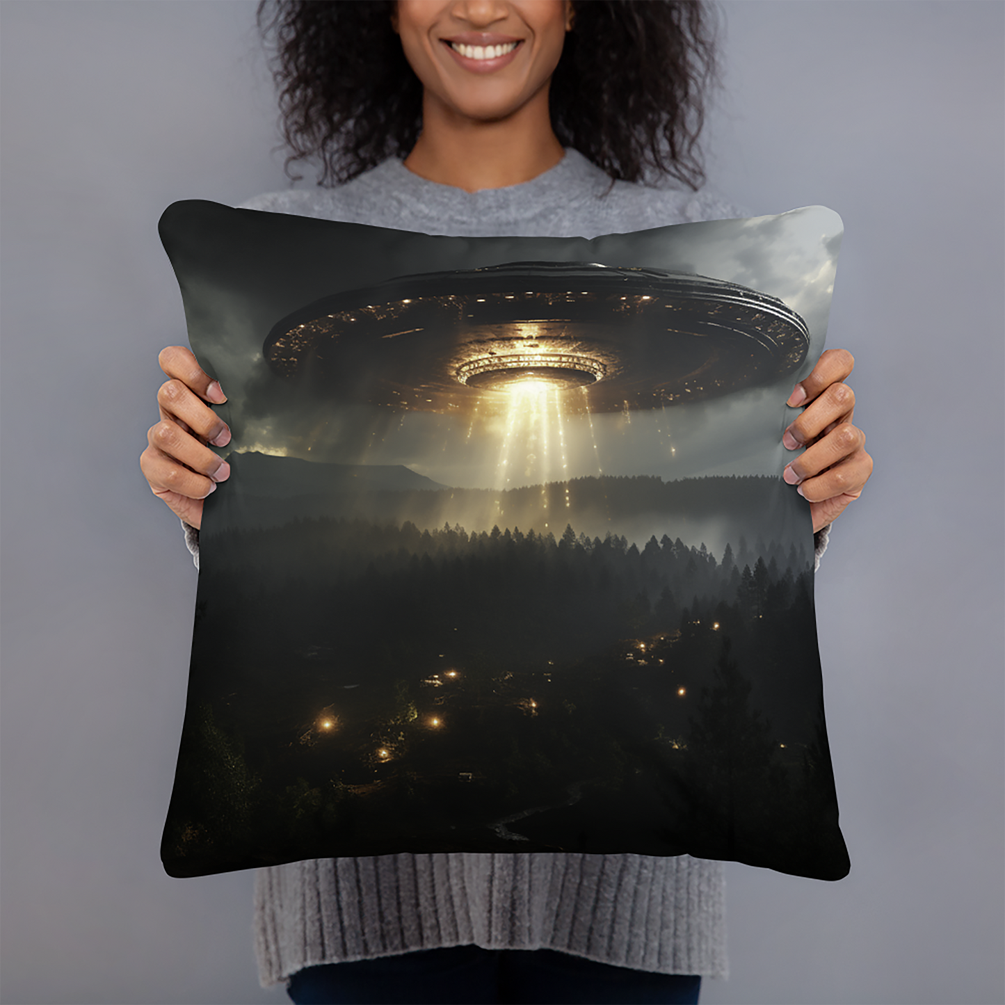 Space Throw Pillow Bronze Forest UFO Encounter Polyester Decorative Cushion 18x18