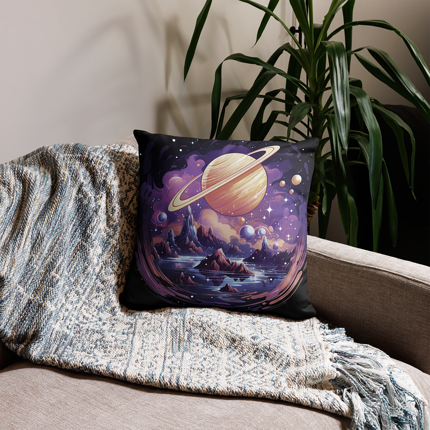 Space Throw Pillow Mystical Saturn Landscape Polyester Decorative Cushion 18x18
