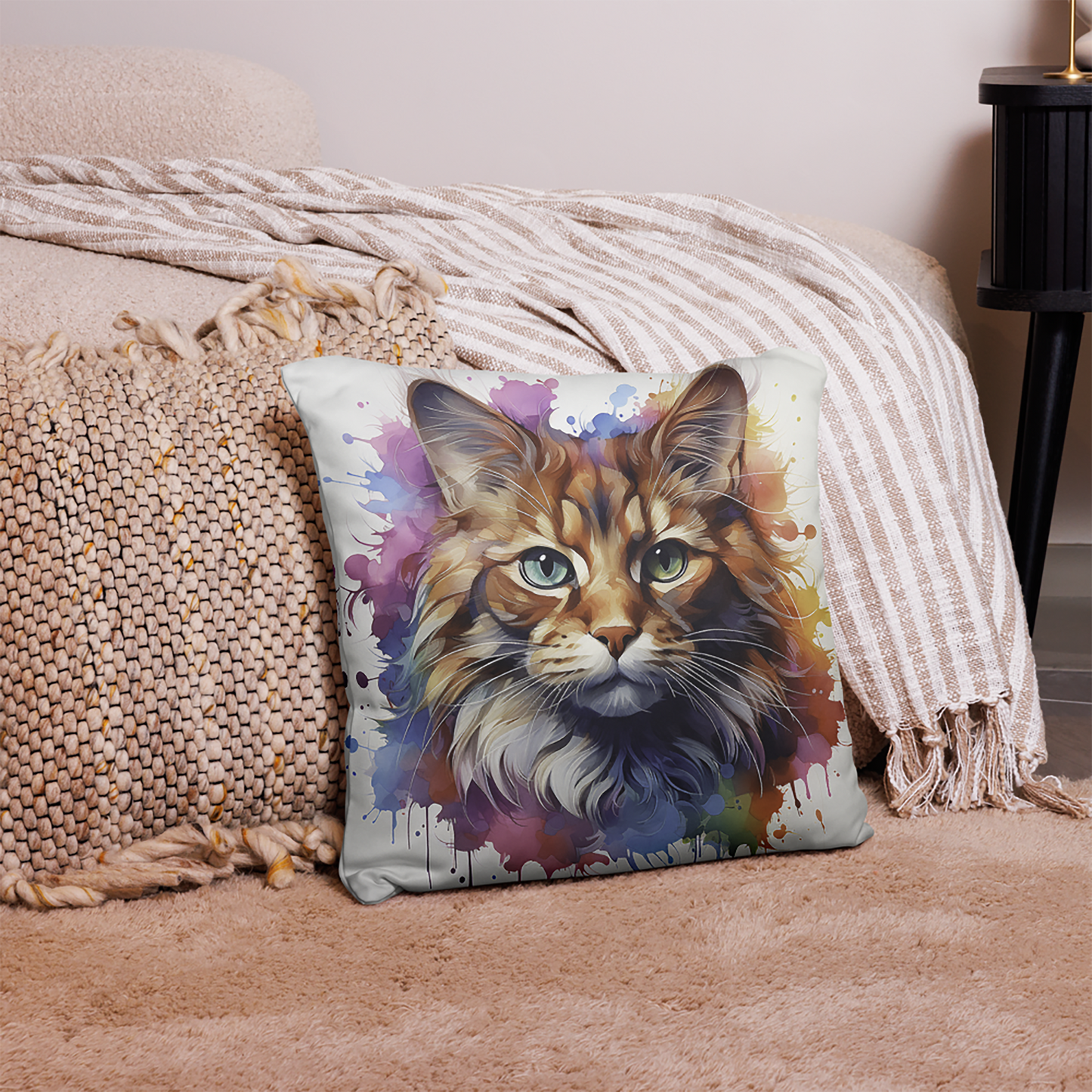 Cat Throw Pillow Watercolor Whiskers Heterochromatic Cat Polyester Decorative Cushion 18x18