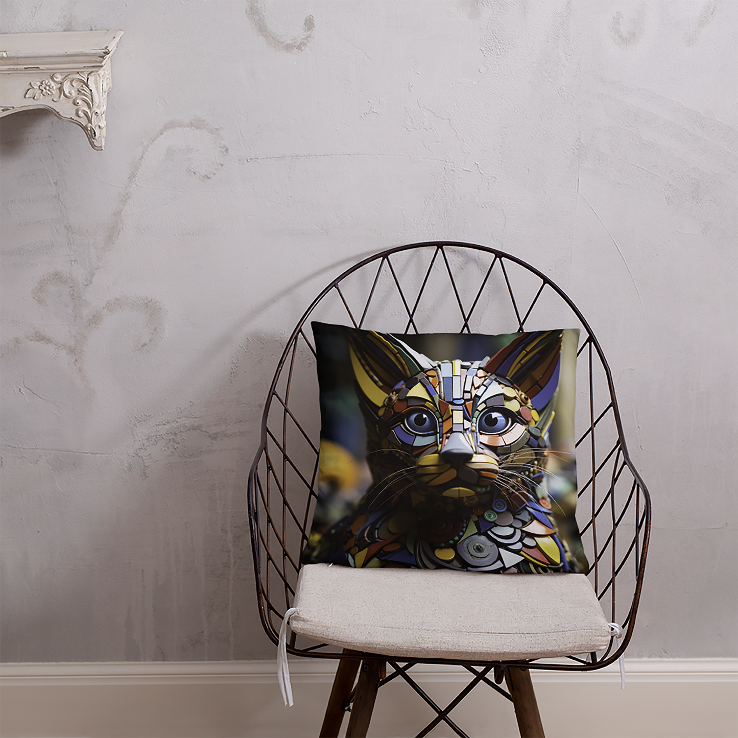 Cat Throw Pillow Metal Mosaic Feline Artistic Pillow Display Polyester Decorative Cushion 18x18